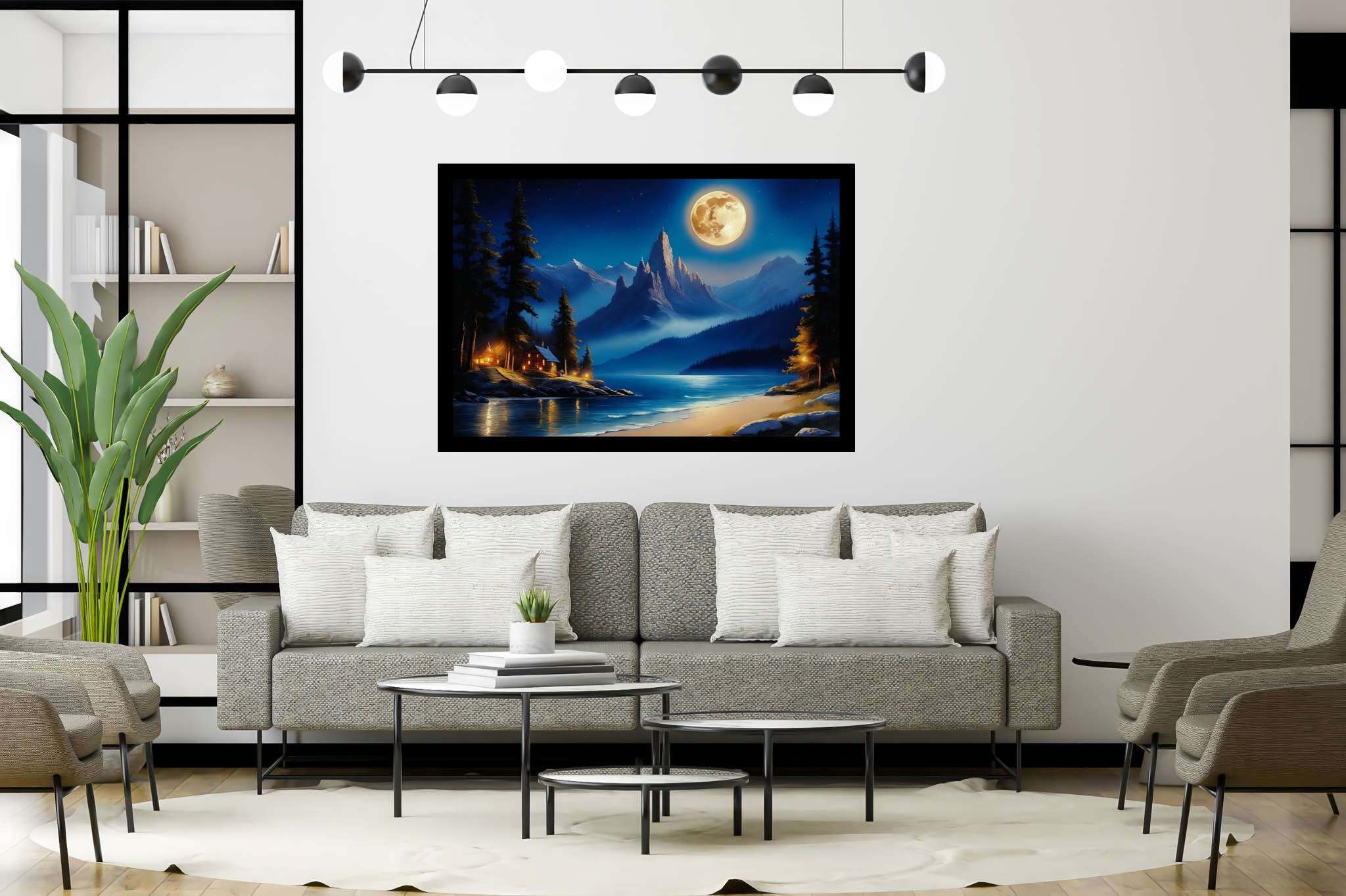 Lunar lullaby silhouettes: Moonlit landscape art with moonlit landscape art, in a room with great design, mural artworks, and designer furniture. The art can be printed on poster, framed poster, canvas, metal, acrylic or wood, exclusively at WallArtZen. Find this exact print at https://wallartzen.com/waz112