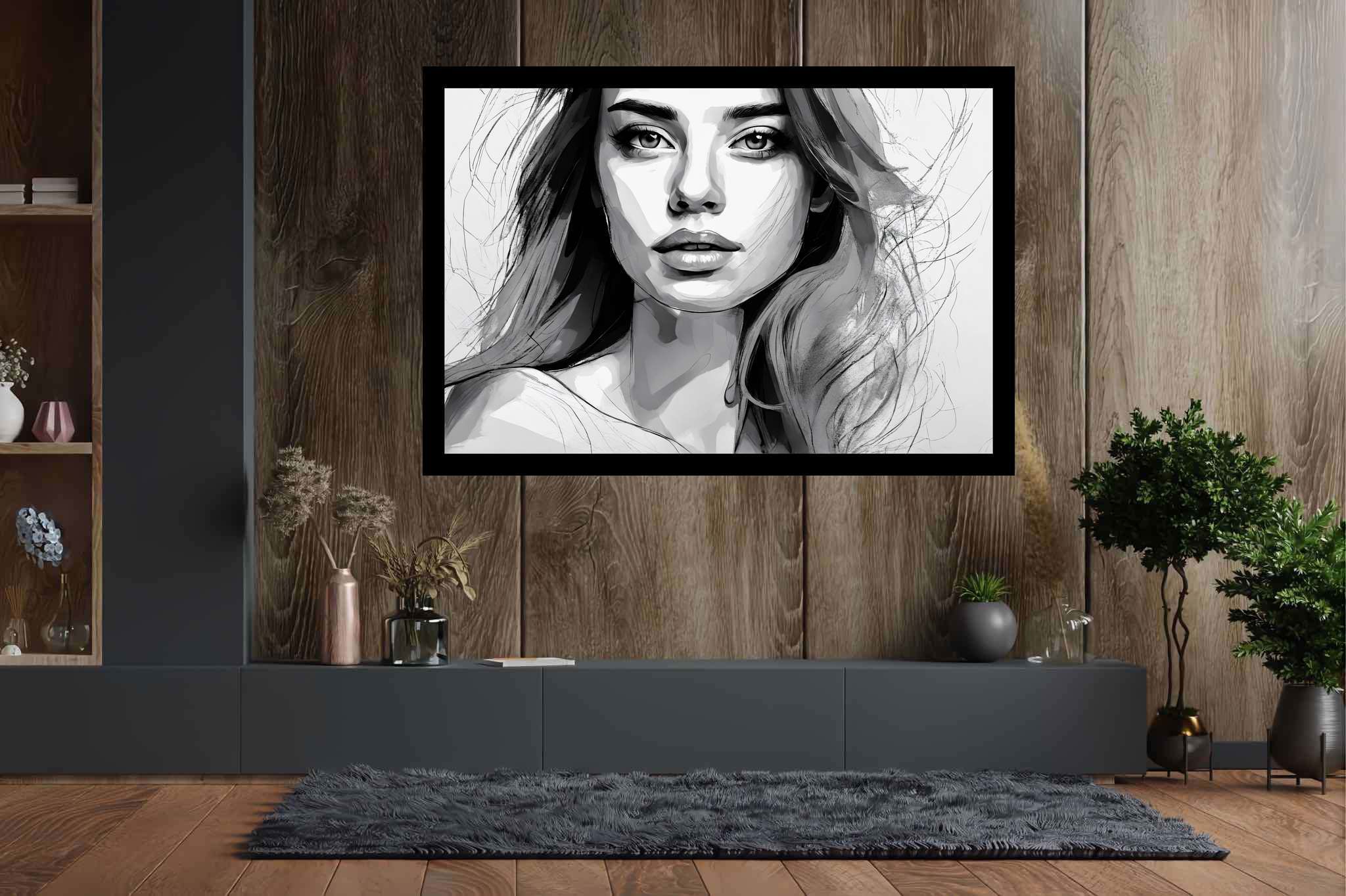 Shadows of silence: Grayscale portrait art with portrait sketches, in a room with innovative layout, framed art, and artisan decor. The art can be printed on poster, framed poster, canvas, metal, acrylic or wood, exclusively at WallArtZen. Find this exact print at https://wallartzen.com/waz114