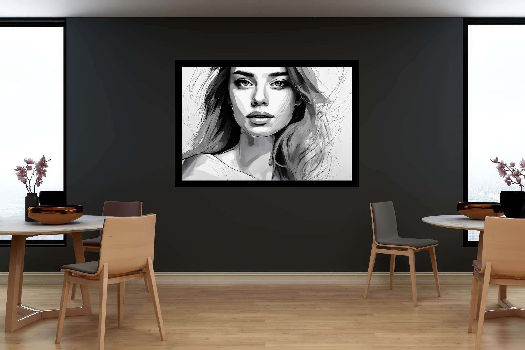 Shadows of silence: Grayscale portrait art with portrait sketches, in a room with classic elegance, mural artworks, and trendy home accents. The art can be printed on poster, framed poster, canvas, metal, acrylic or wood, exclusively at WallArtZen. Find this exact print at https://wallartzen.com/waz114