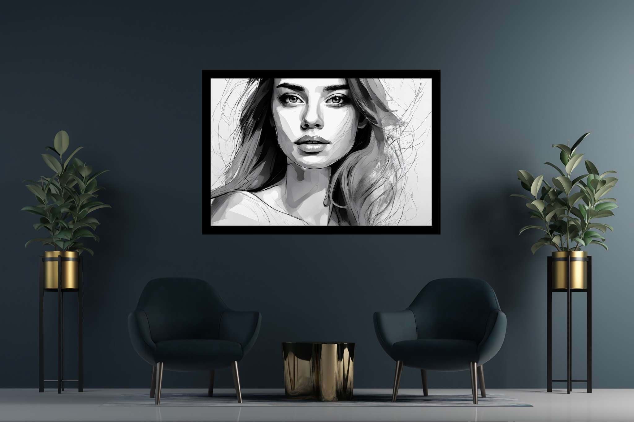 Shadows of silence: Grayscale portrait art with grayscale photography, in a room with great design, digital art pieces, and stylish accessories. The art can be printed on poster, framed poster, canvas, metal, acrylic or wood, exclusively at WallArtZen. Find this exact print at https://wallartzen.com/waz114