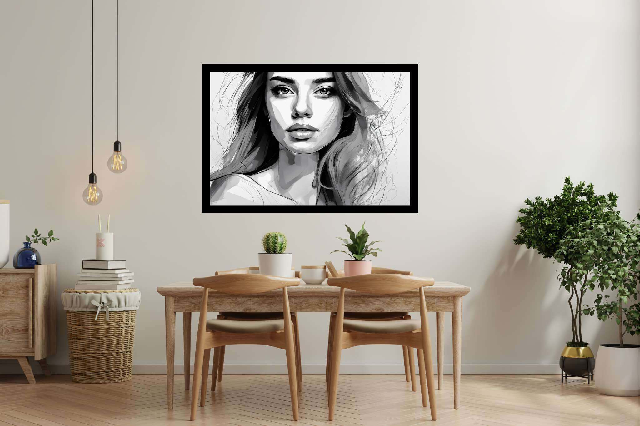 Shadows of silence: Grayscale portrait art with contemporary art, in a room with minimalist approach, bespoke art designs, and elegant home goods. The art can be printed on poster, framed poster, canvas, metal, acrylic or wood, exclusively at WallArtZen. Find this exact print at https://wallartzen.com/waz114