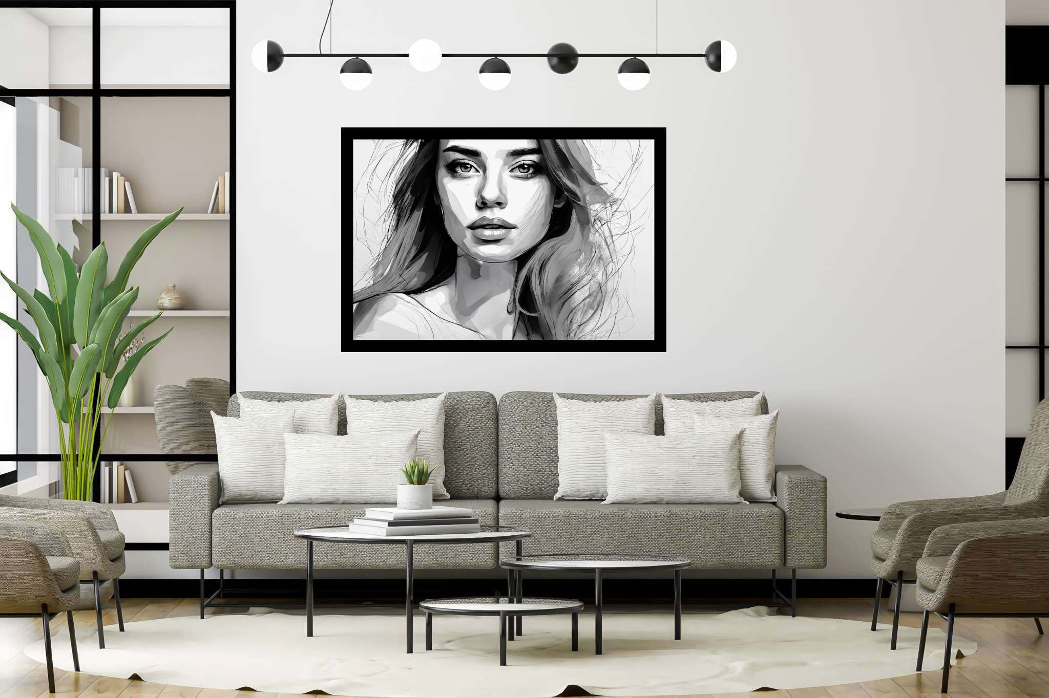 Shadows of silence: Grayscale portrait art with black and white portraits, in a room with innovative layout, abstract paintings, and artisan decor. The art can be printed on poster, framed poster, canvas, metal, acrylic or wood, exclusively at WallArtZen. Find this exact print at https://wallartzen.com/waz114