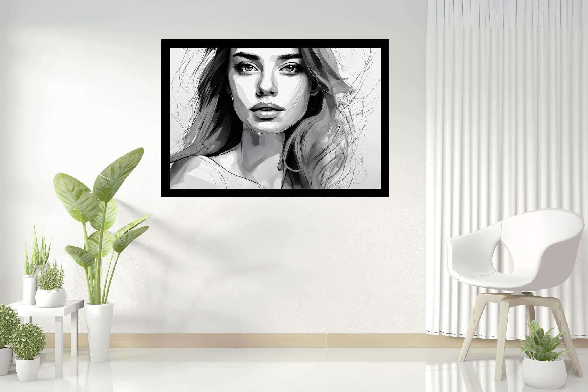 Shadows of silence: Grayscale portrait art with artistic portraits, in a room with innovative layout, wall art, and artisan decor. The art can be printed on poster, framed poster, canvas, metal, acrylic or wood, exclusively at WallArtZen. Find this exact print at https://wallartzen.com/waz114