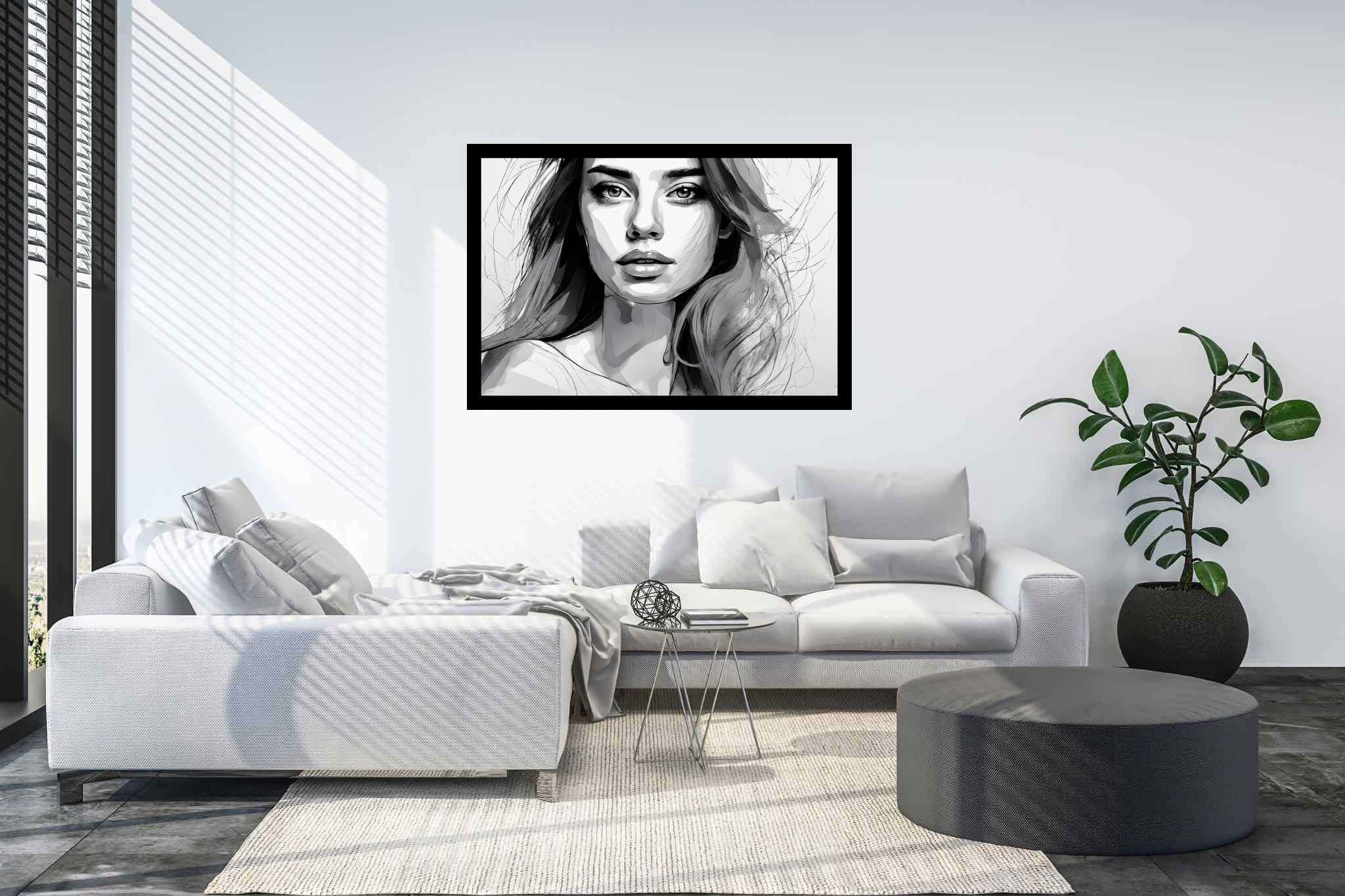 Shadows of silence: Grayscale portrait art with portrait drawings, in a room with chic decor, fine art prints, and home furnishings. The art can be printed on poster, framed poster, canvas, metal, acrylic or wood, exclusively at WallArtZen. Find this exact print at https://wallartzen.com/waz114