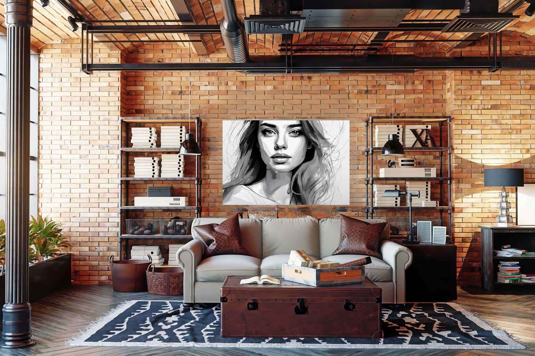 Shadows of silence: Grayscale portrait art with black and white portraits, in a room with urban design, framed art, and interior decorations. The art can be printed on poster, framed poster, canvas, metal, acrylic or wood, exclusively at WallArtZen. Find this exact print at https://wallartzen.com/waz114