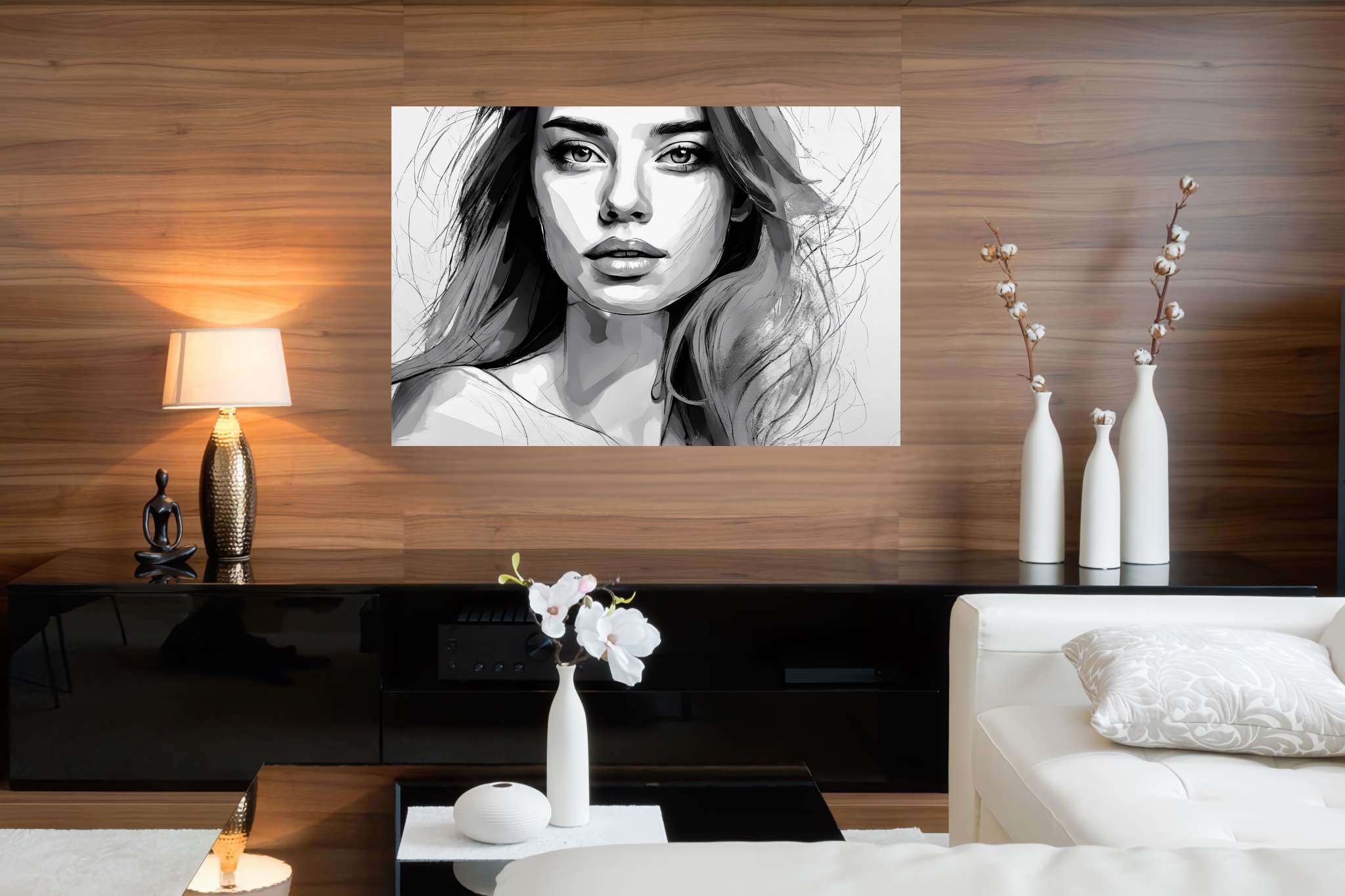 Shadows of silence: Grayscale portrait art with emotional portraits, in a room with minimalist approach, wall hangings, and artisan decor. The art can be printed on poster, framed poster, canvas, metal, acrylic or wood, exclusively at WallArtZen. Find this exact print at https://wallartzen.com/waz114