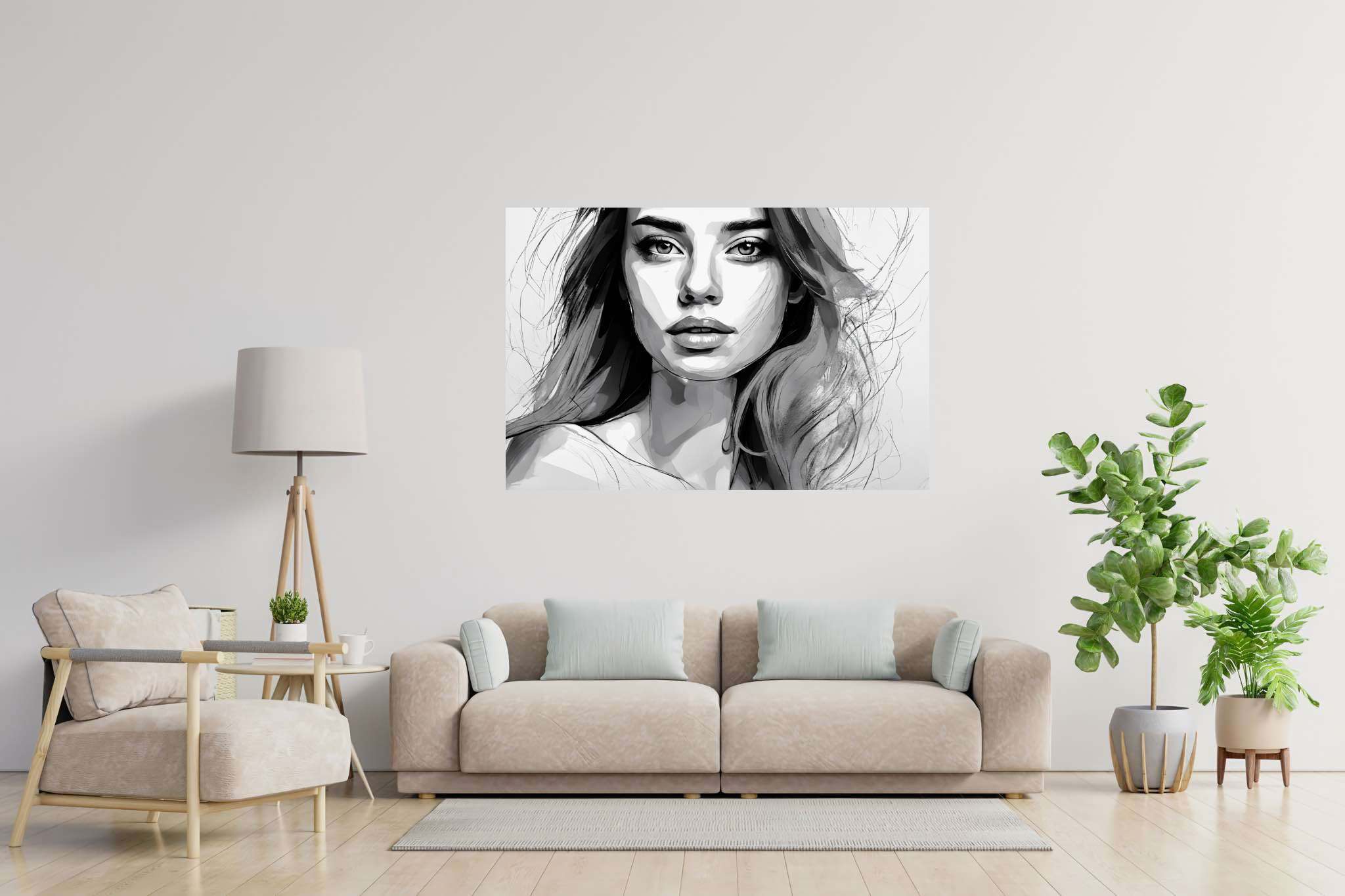 Shadows of silence: Grayscale portrait art with grayscale photography, in a room with artistic style, gallery-quality artwork, and elegant home goods. The art can be printed on poster, framed poster, canvas, metal, acrylic or wood, exclusively at WallArtZen. Find this exact print at https://wallartzen.com/waz114