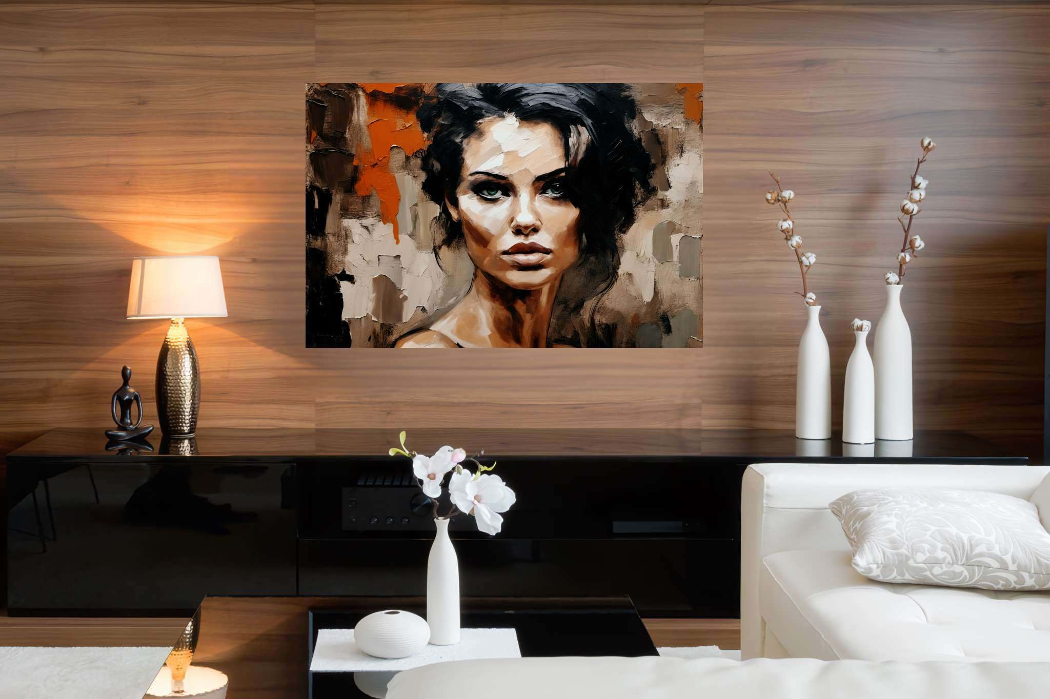 Emerald serenity gaze: Expressive portrait art with evocative artwork, in a room with classic elegance, abstract paintings, and trendy home accents. The art can be printed on poster, framed poster, canvas, metal, acrylic or wood, exclusively at WallArtZen. Find this exact print at https://wallartzen.com/waz115