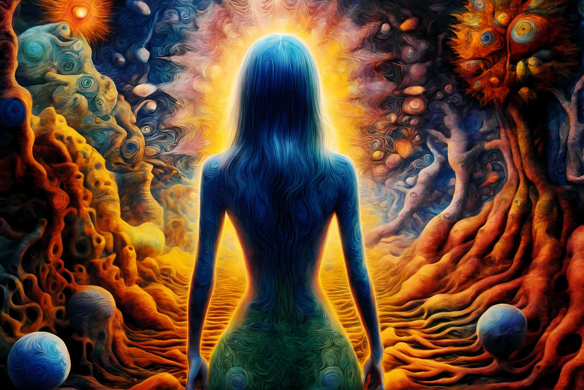 Celestial contemplation: Enchanting surreal art with dreamlike paintings, in a room with innovative layout, wall hangings, and decorative pieces. The art can be printed on poster, framed poster, canvas, metal, acrylic or wood, exclusively at WallArtZen. Find this exact print at https://wallartzen.com/waz116