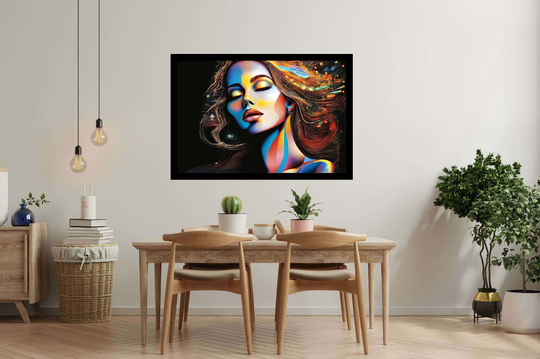 Slumbering sylph's reverie: Dreamy woman art with celestial artistry, in a room with minimalist approach, gallery-quality artwork, and luxe decor. The art can be printed on poster, framed poster, canvas, metal, acrylic or wood, exclusively at WallArtZen. Find this exact print at https://wallartzen.com/waz117