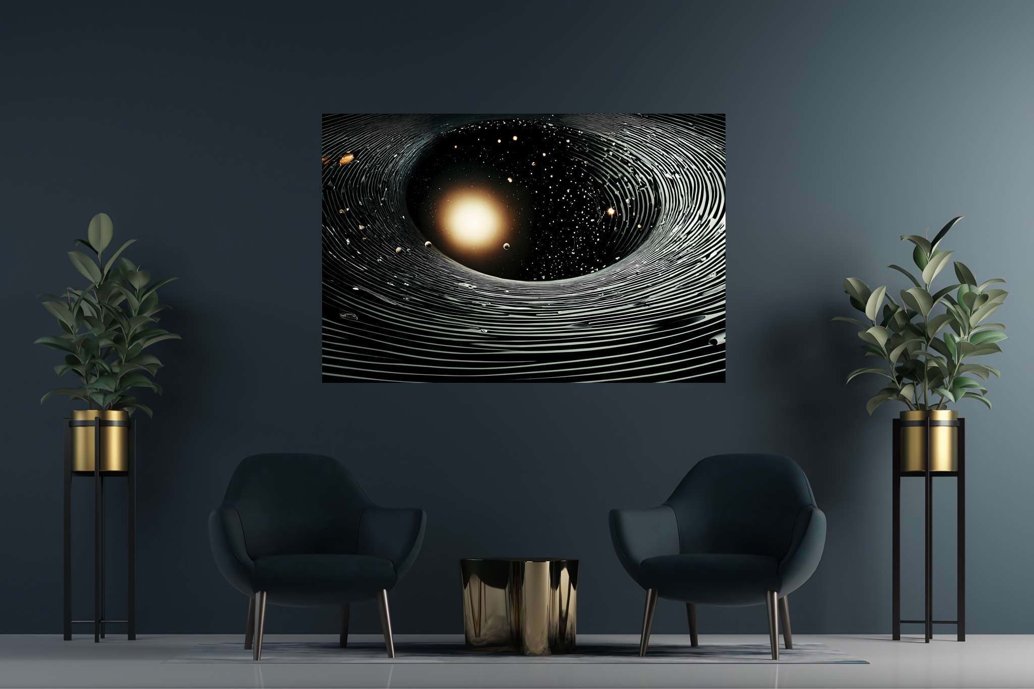 Stardust enigma: Stunning black hole art with mind-blowing astrophysical artwork, in a room with modern style, framed art, and designer furniture. The art can be printed on poster, framed poster, canvas, metal, acrylic or wood, exclusively at WallArtZen. Find this exact print at https://wallartzen.com/waz120