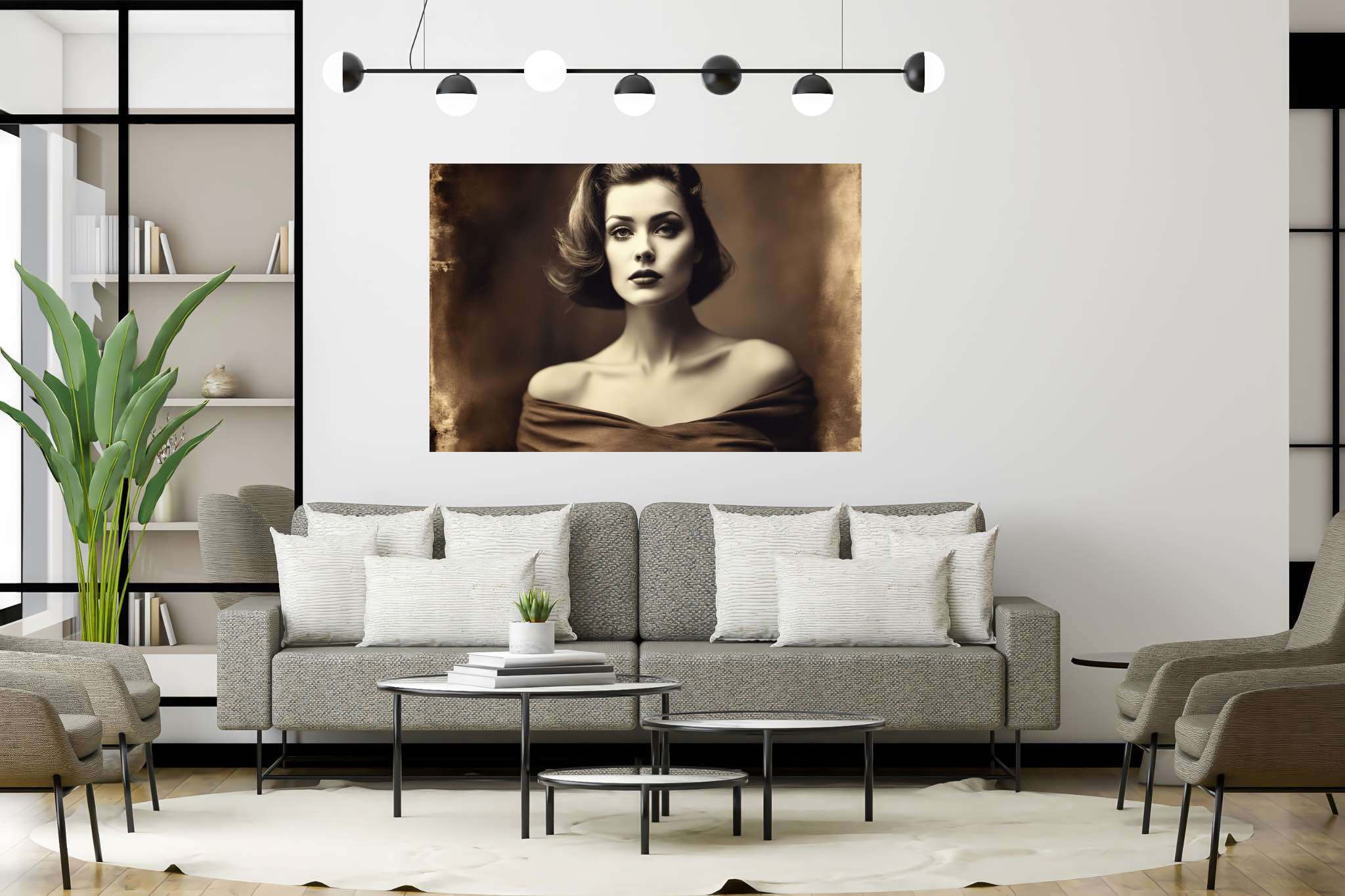 Silhouette of grace: Elegant woman art with timeless beauty art, in a room with innovative layout, fine art prints, and decorative pieces. The art can be printed on poster, framed poster, canvas, metal, acrylic or wood, exclusively at WallArtZen. Find this exact print at https://wallartzen.com/waz121