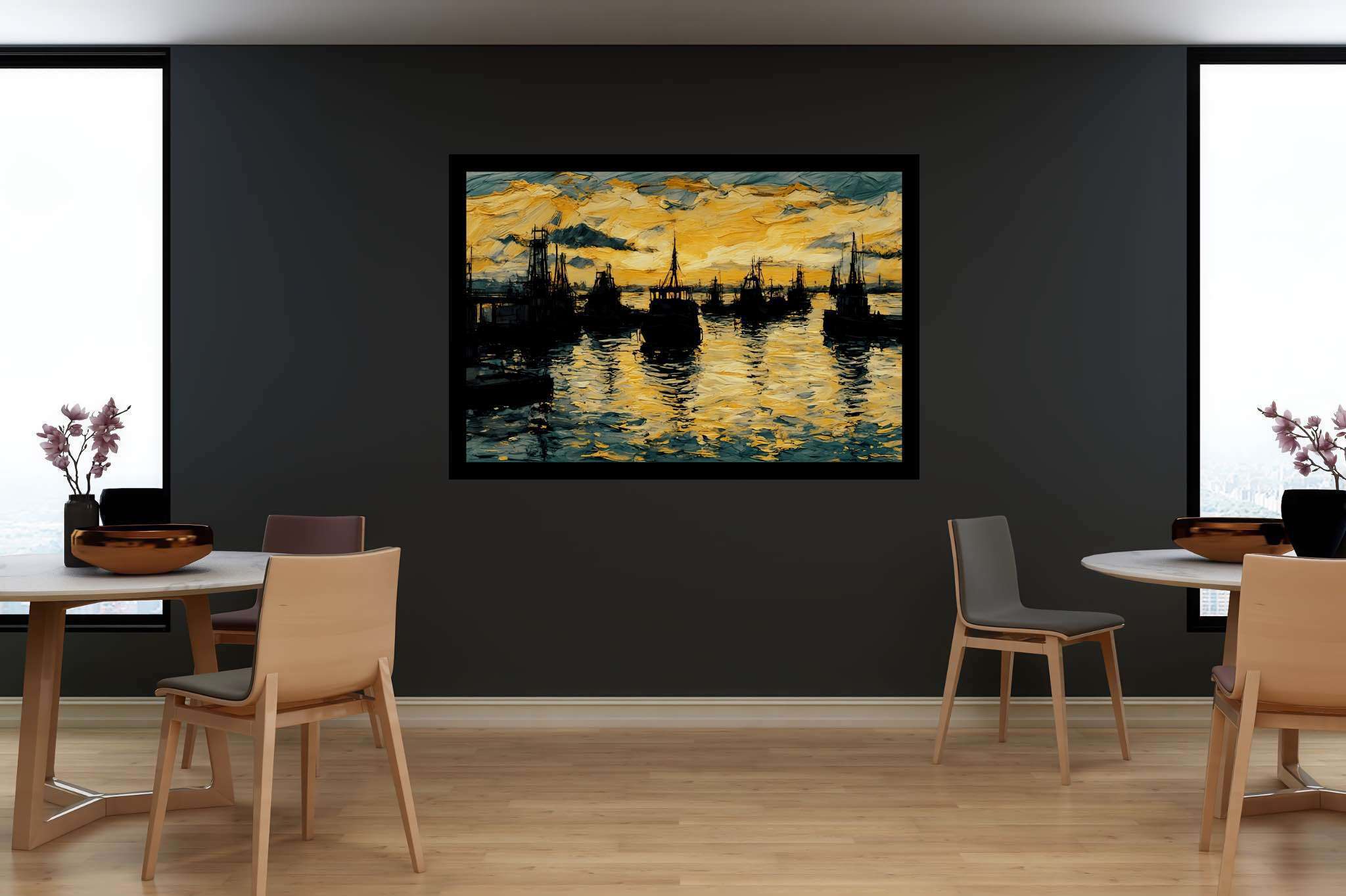 Harbor hues at eventide: Harbor art with coastal artwork, in a room with contemporary flair, wall hangings, and trendy home accents. The art can be printed on poster, framed poster, canvas, metal, acrylic or wood, exclusively at WallArtZen. Find this exact print at https://wallartzen.com/waz122