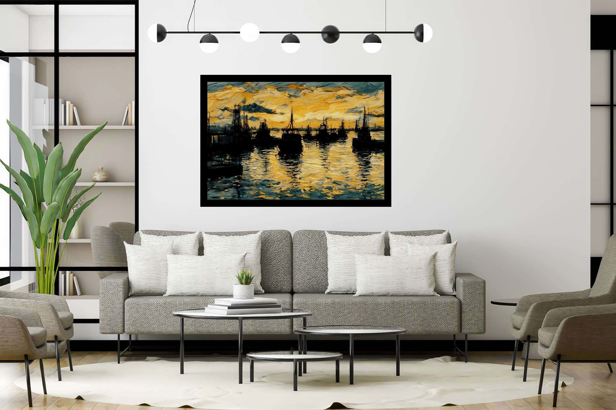 Harbor hues at eventide: Harbor art with dockyard art, in a room with classic elegance, wall art, and stylish accessories. The art can be printed on poster, framed poster, canvas, metal, acrylic or wood, exclusively at WallArtZen. Find this exact print at https://wallartzen.com/waz122