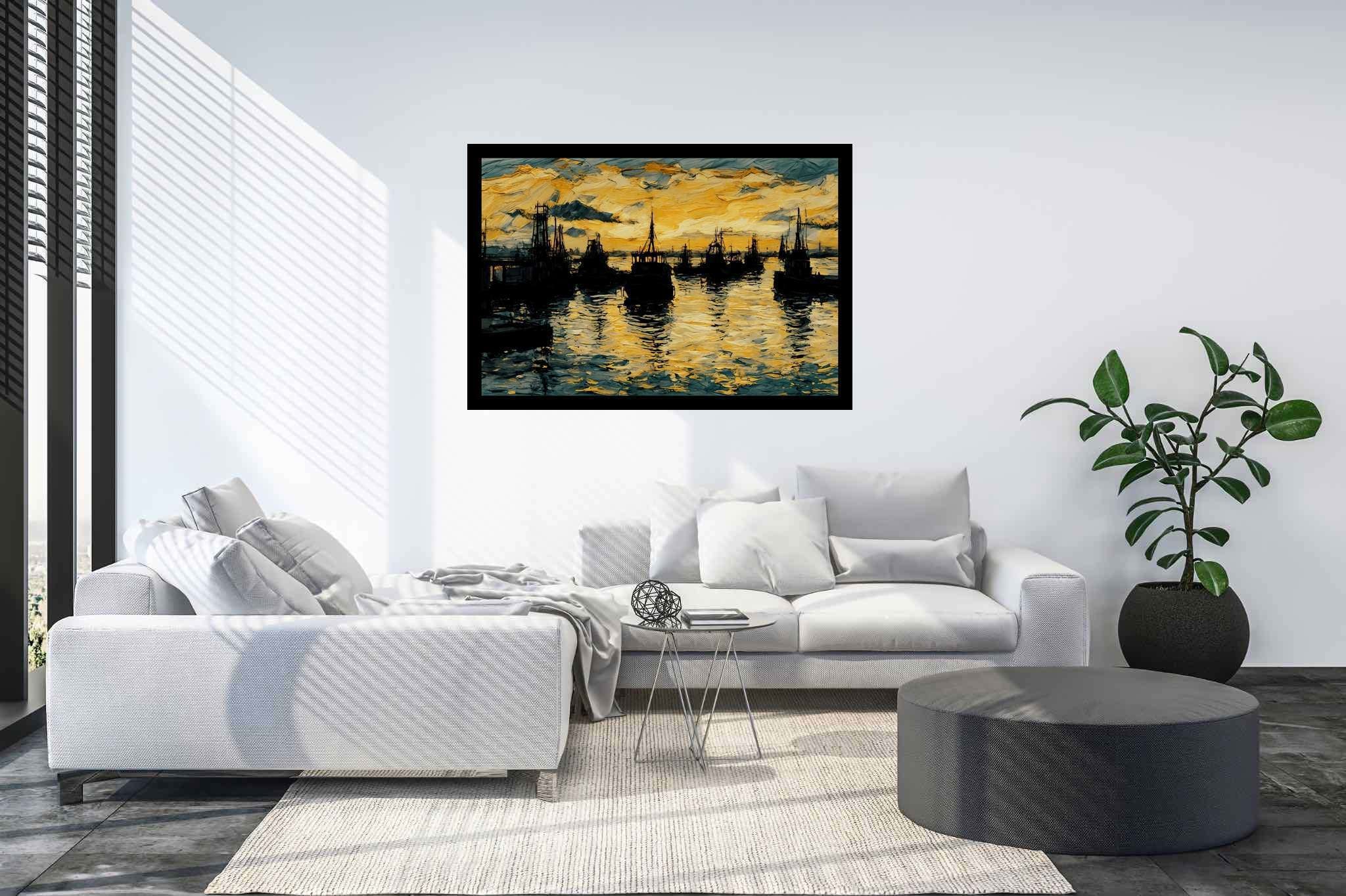 Harbor hues at eventide: Harbor art with dockyard art, in a room with great design, gallery-quality artwork, and artisan decor. The art can be printed on poster, framed poster, canvas, metal, acrylic or wood, exclusively at WallArtZen. Find this exact print at https://wallartzen.com/waz122