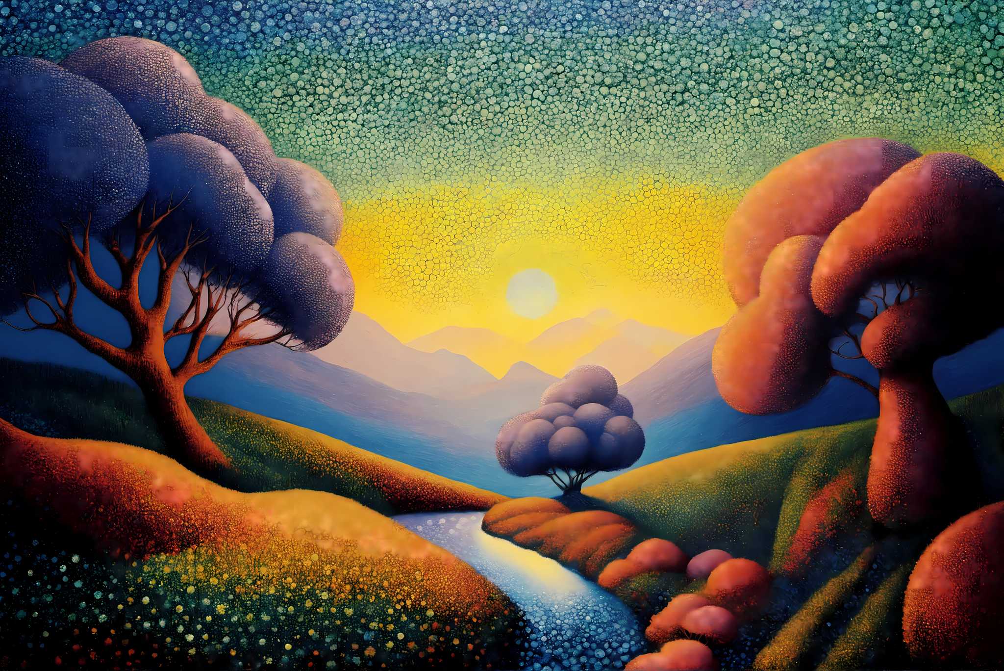 Chromatic valleys embrace: Vivid landscape art with vibrant outdoor artwork, in a room with minimalist approach, bespoke art designs, and home styling items. The art can be printed on poster, framed poster, canvas, metal, acrylic or wood, exclusively at WallArtZen. Find this exact print at https://wallartzen.com/waz123