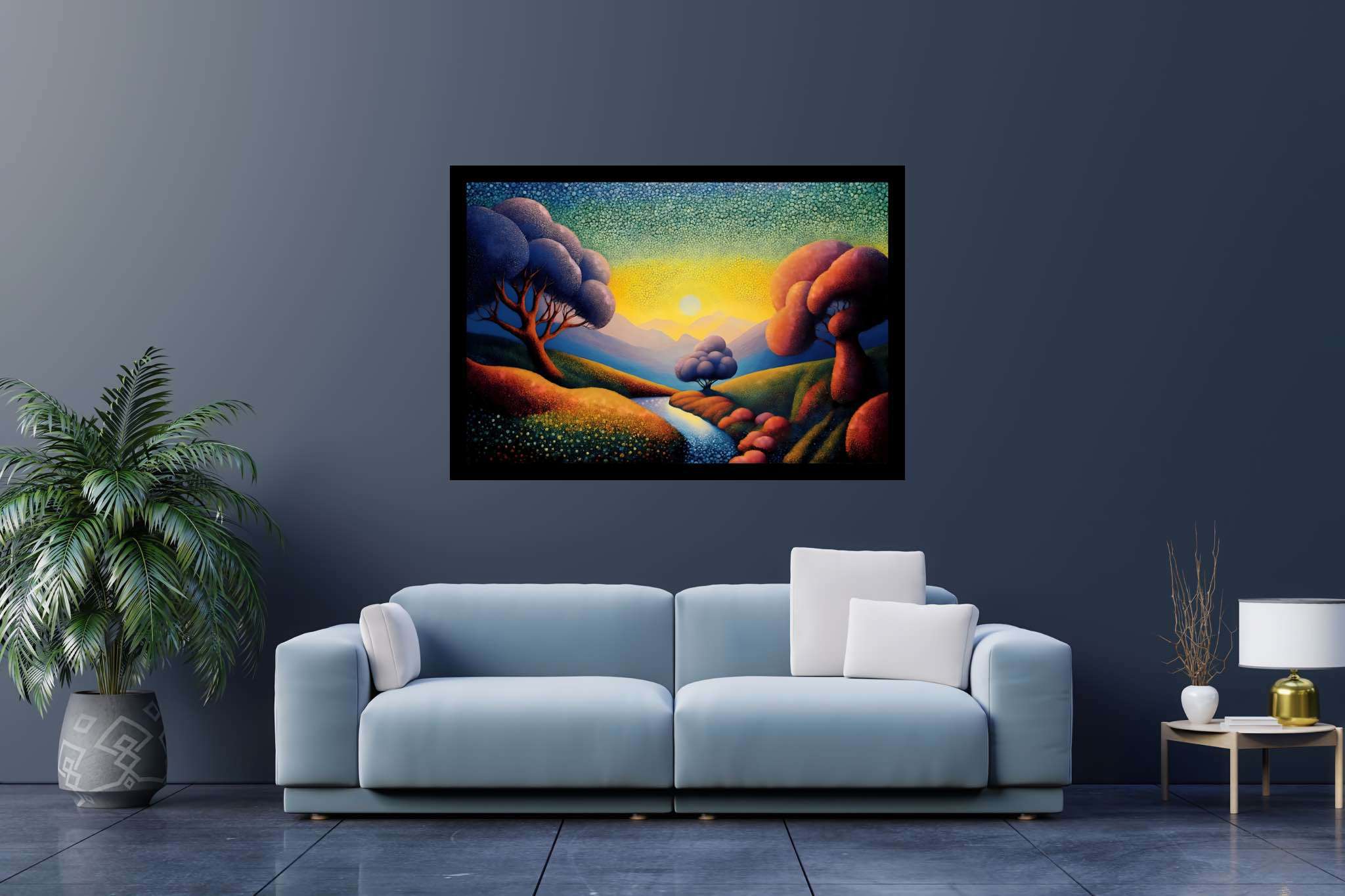 Chromatic valleys embrace: Vivid landscape art with captivating landscape art, in a room with innovative layout, abstract paintings, and decorative pieces. The art can be printed on poster, framed poster, canvas, metal, acrylic or wood, exclusively at WallArtZen. Find this exact print at https://wallartzen.com/waz123