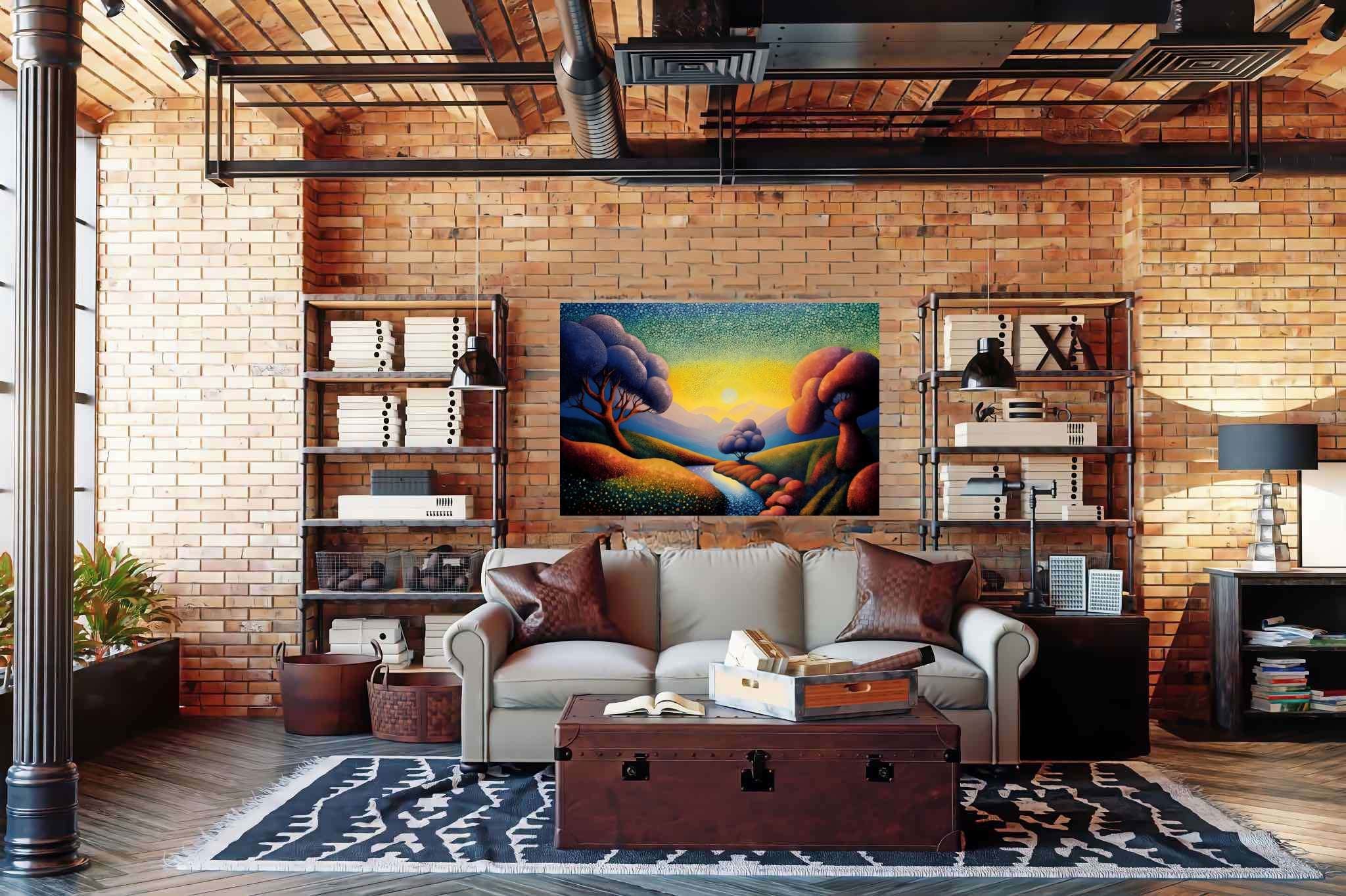 Chromatic valleys embrace: Vivid landscape art with colorful natural landscapes, in a room with elegant layout, abstract paintings, and designer furniture. The art can be printed on poster, framed poster, canvas, metal, acrylic or wood, exclusively at WallArtZen. Find this exact print at https://wallartzen.com/waz123