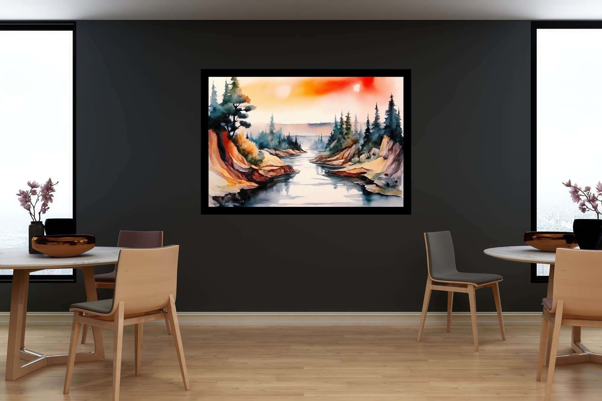 Verdant canticle: Watercolor forest art with tree art, in a room with artistic style, wall art, and artisan decor. The art can be printed on poster, framed poster, canvas, metal, acrylic or wood, exclusively at WallArtZen. Find this exact print at https://wallartzen.com/waz124