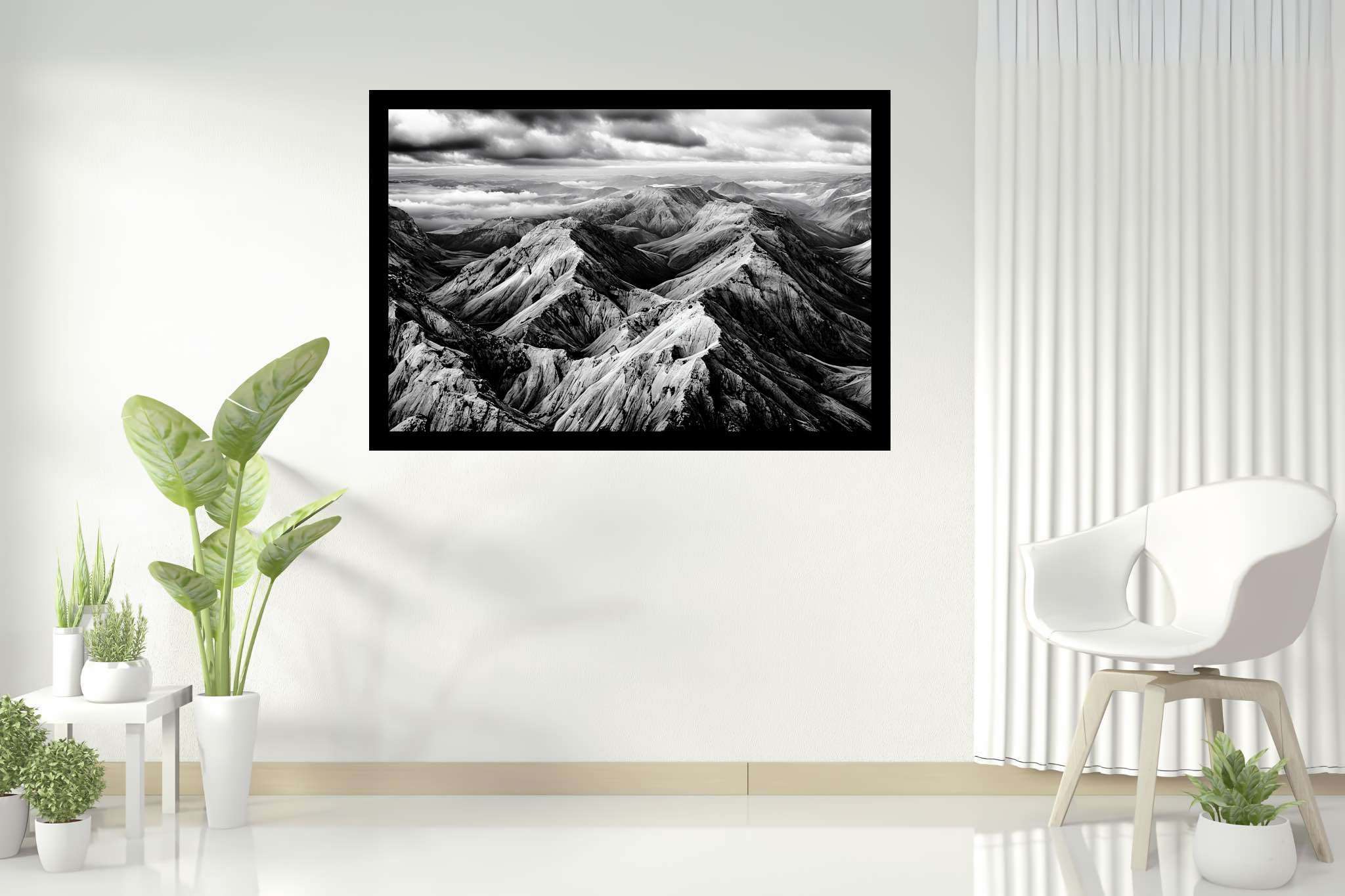 Veiled peaks serenade: Captivating aerial landscape art with captivating aerial landscapes, in a room with classic elegance, mural artworks, and decorative pieces. The art can be printed on poster, framed poster, canvas, metal, acrylic or wood, exclusively at WallArtZen. Find this exact print at https://wallartzen.com/waz125