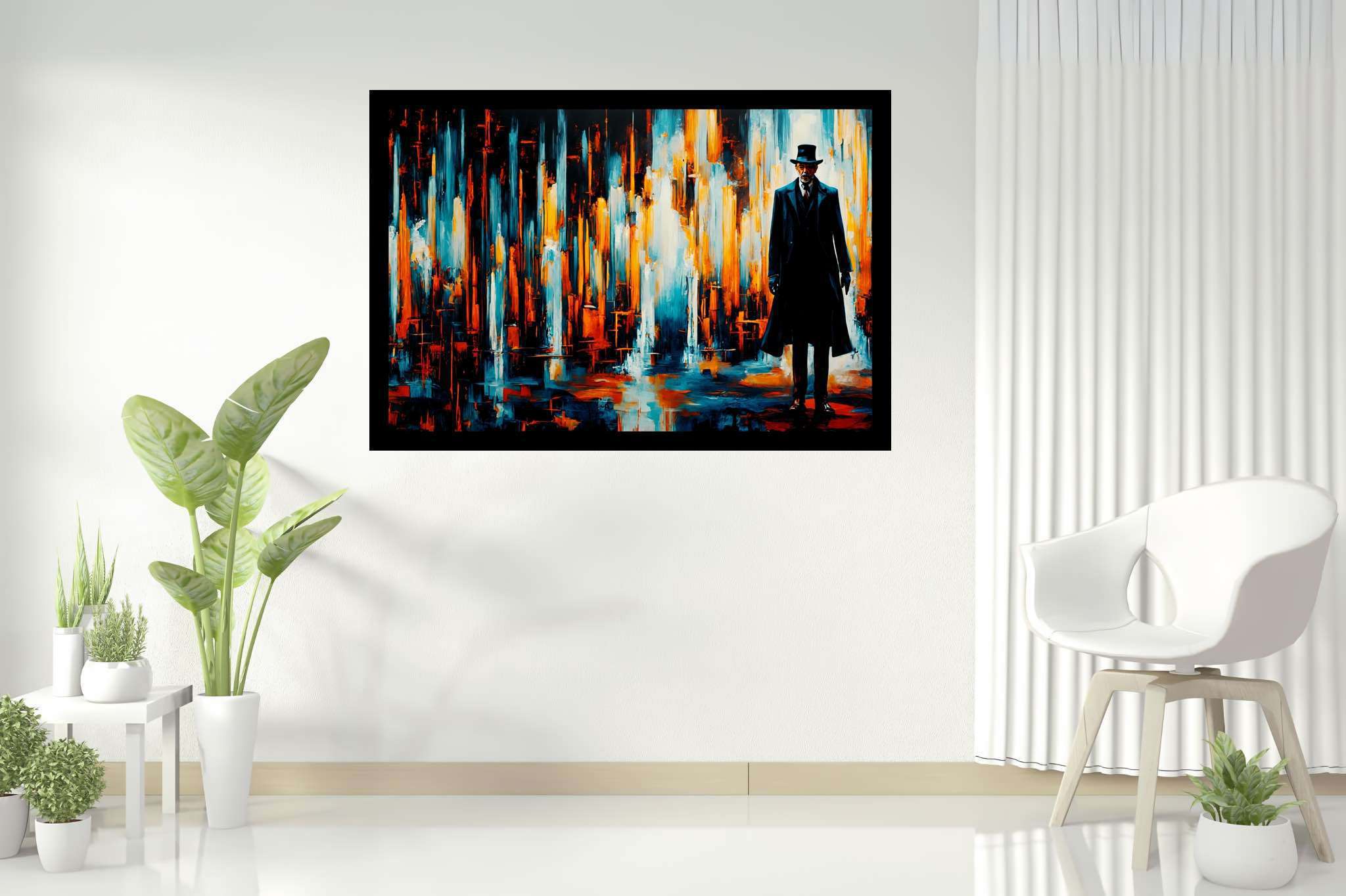 Chaos in sartorial repose: Abstract art with artistic interpretation, in a room with elegant layout, wall hangings, and home furnishings. The art can be printed on poster, framed poster, canvas, metal, acrylic or wood, exclusively at WallArtZen. Find this exact print at https://wallartzen.com/waz126