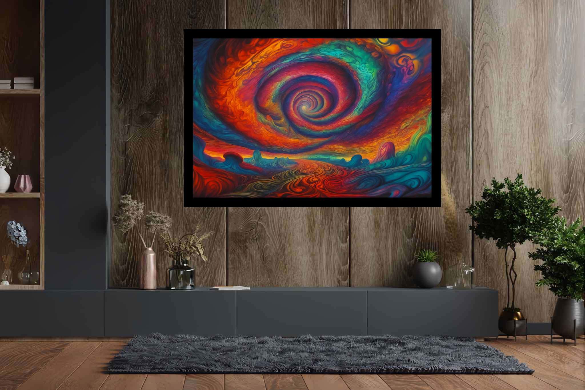 Chromascape vortex: Swirling vortex art with mesmerizing, in a room with urban design, abstract paintings, and home furnishings. The art can be printed on poster, framed poster, canvas, metal, acrylic or wood, exclusively at WallArtZen. Find this exact print at https://wallartzen.com/waz128