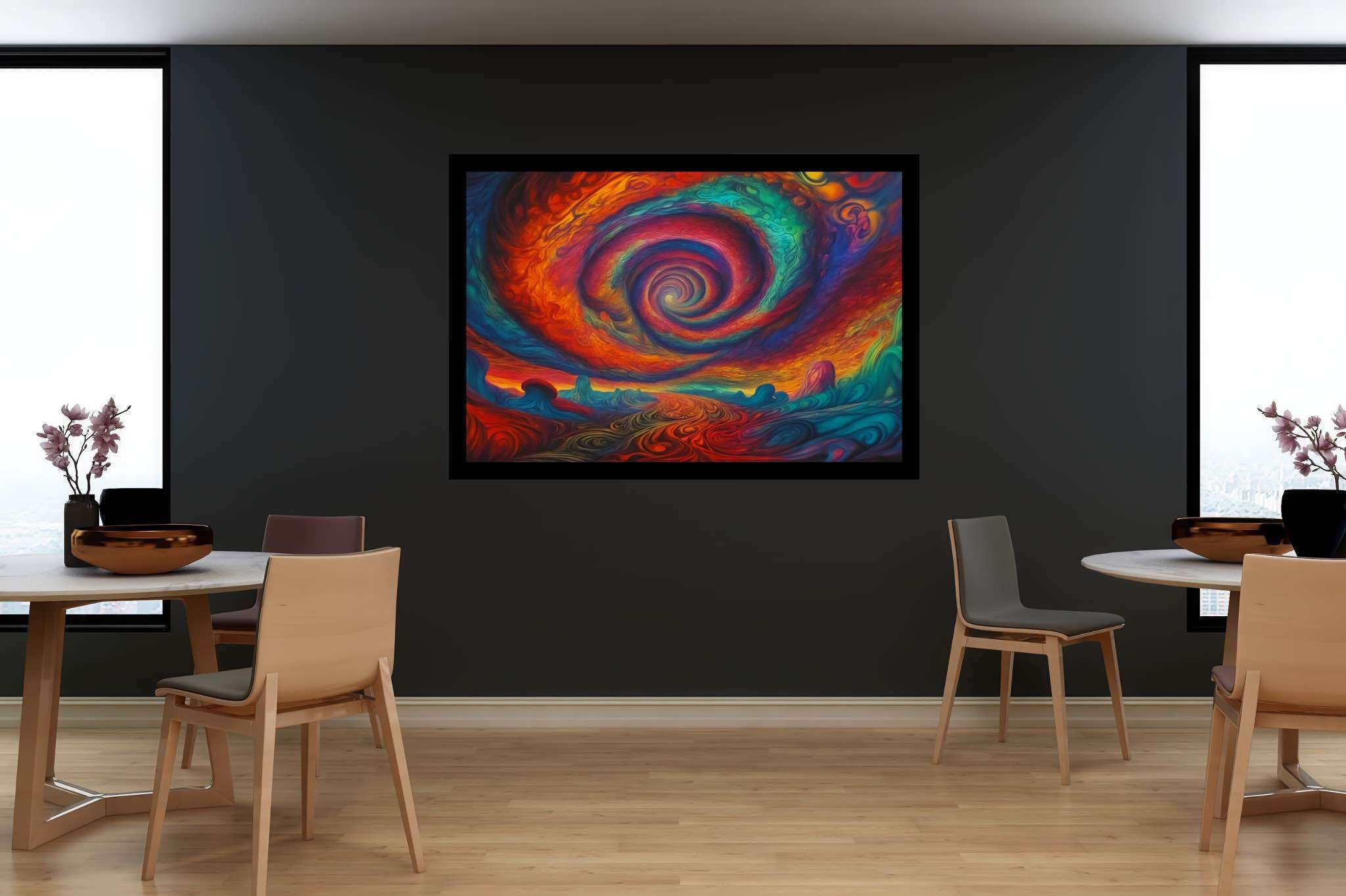 Chromascape vortex: Swirling vortex art with captivating, in a room with modern style, gallery-quality artwork, and luxe decor. The art can be printed on poster, framed poster, canvas, metal, acrylic or wood, exclusively at WallArtZen. Find this exact print at https://wallartzen.com/waz128