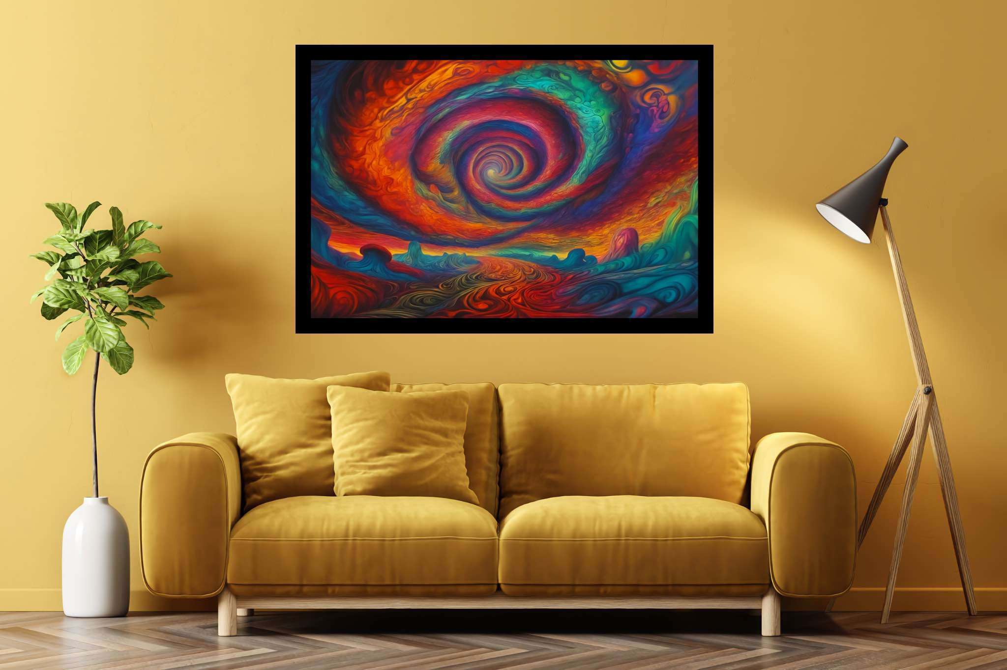 Chromascape vortex: Swirling vortex art with swirling patterns, in a room with urban design, mural artworks, and home styling items. The art can be printed on poster, framed poster, canvas, metal, acrylic or wood, exclusively at WallArtZen. Find this exact print at https://wallartzen.com/waz128