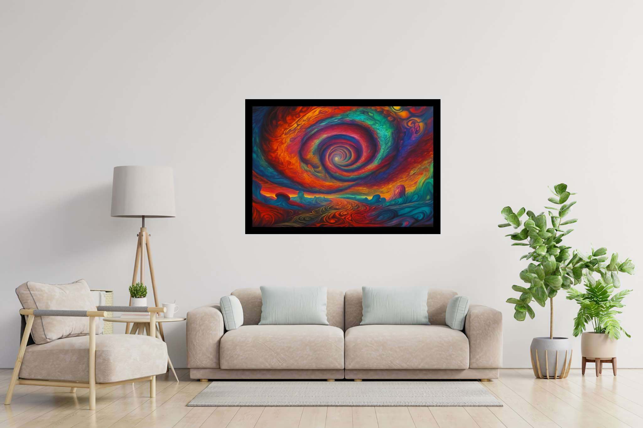 Chromascape vortex: Swirling vortex art with fluid, in a room with great design, wall art, and interior decorations. The art can be printed on poster, framed poster, canvas, metal, acrylic or wood, exclusively at WallArtZen. Find this exact print at https://wallartzen.com/waz128