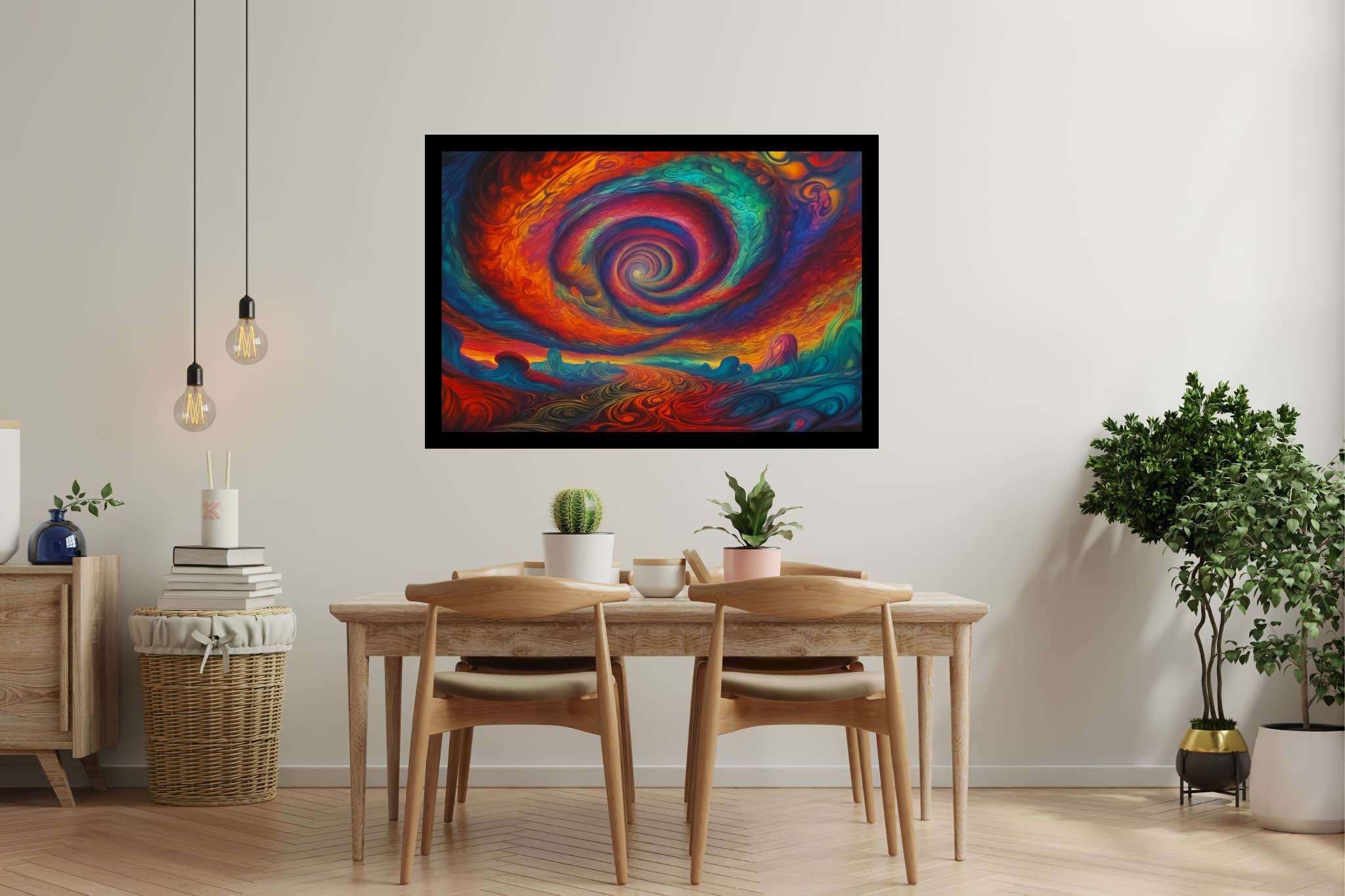 Chromascape vortex: Swirling vortex art with fluid, in a room with elegant layout, canvas prints, and designer furniture. The art can be printed on poster, framed poster, canvas, metal, acrylic or wood, exclusively at WallArtZen. Find this exact print at https://wallartzen.com/waz128