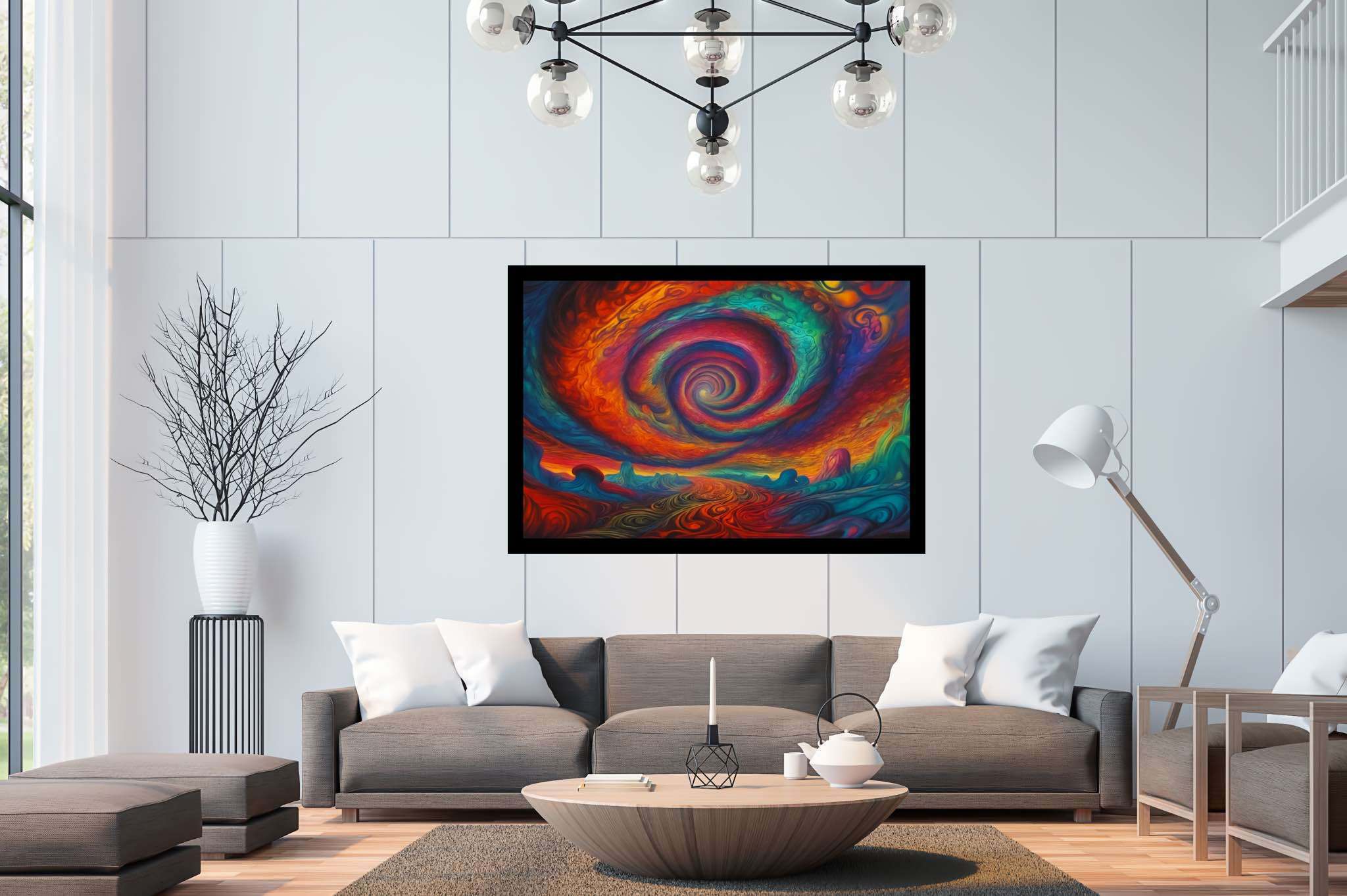Chromascape vortex: Swirling vortex art with captivating, in a room with artistic style, framed art, and trendy home accents. The art can be printed on poster, framed poster, canvas, metal, acrylic or wood, exclusively at WallArtZen. Find this exact print at https://wallartzen.com/waz128