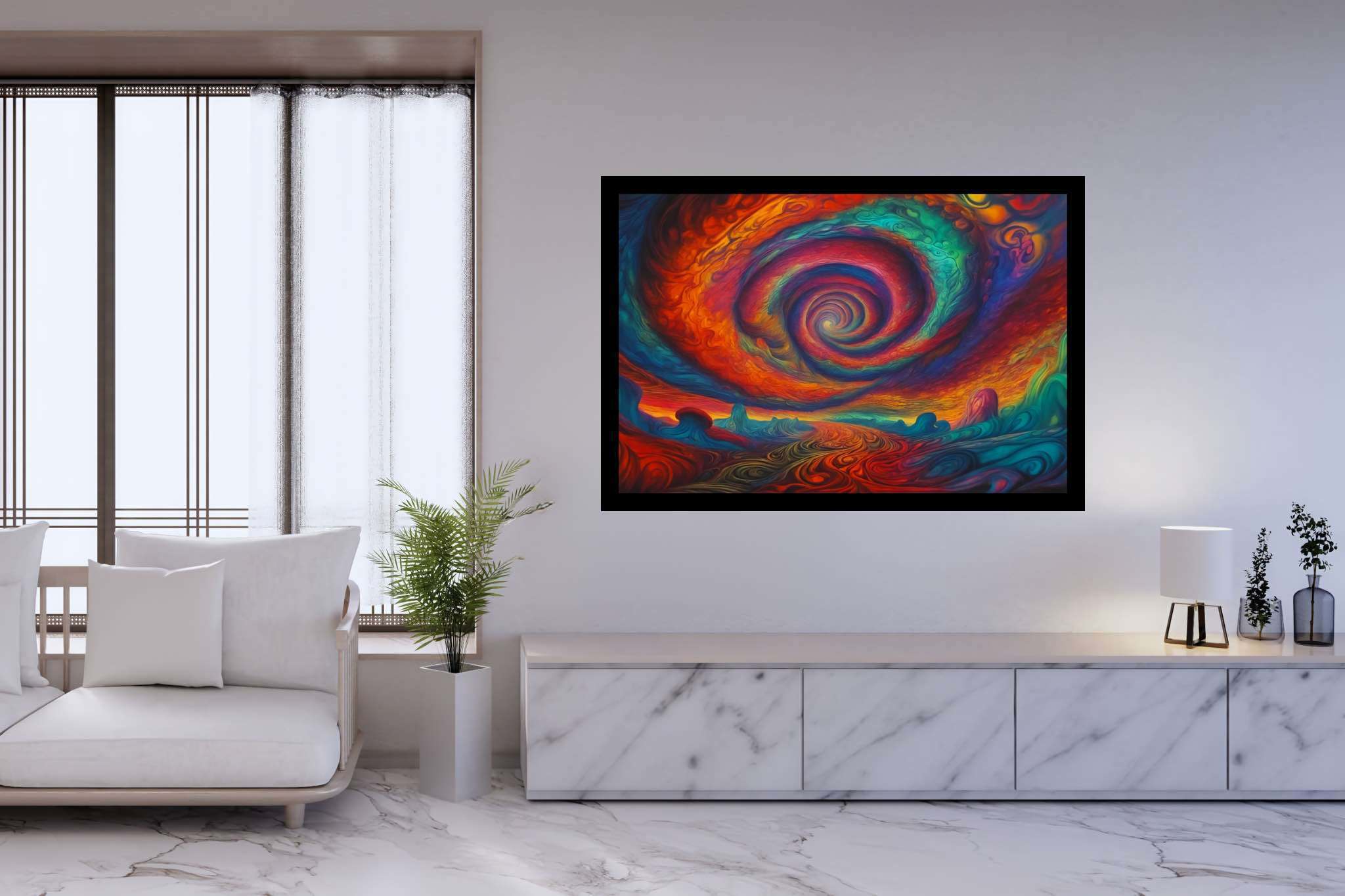 Chromascape vortex: Swirling vortex art with swirling vortex art, in a room with classic elegance, digital art pieces, and trendy home accents. The art can be printed on poster, framed poster, canvas, metal, acrylic or wood, exclusively at WallArtZen. Find this exact print at https://wallartzen.com/waz128