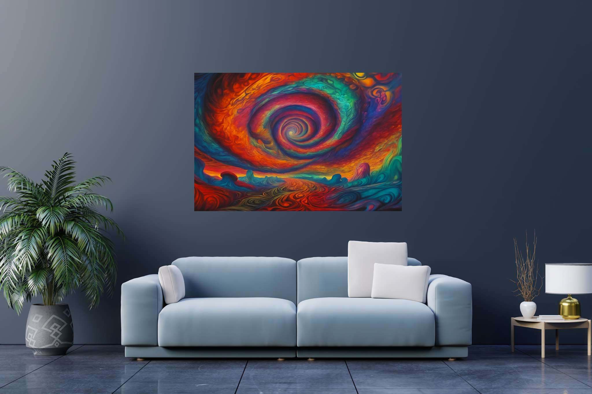 Chromascape vortex: Swirling vortex art with expressive, in a room with urban design, photographic wall art, and elegant home goods. The art can be printed on poster, framed poster, canvas, metal, acrylic or wood, exclusively at WallArtZen. Find this exact print at https://wallartzen.com/waz128