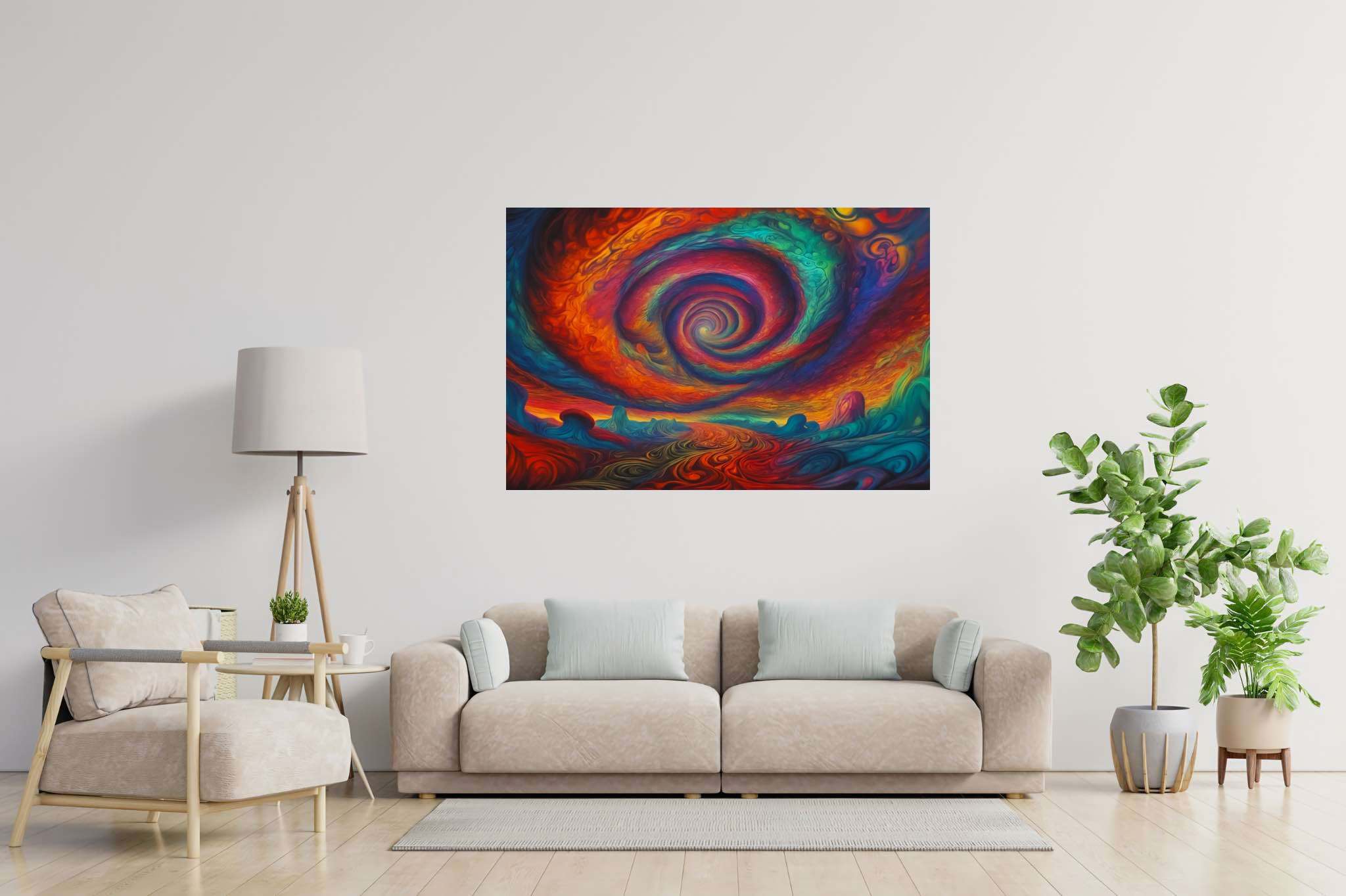 Chromascape vortex: Swirling vortex art with otherworldly, in a room with minimalist approach, mural artworks, and elegant home goods. The art can be printed on poster, framed poster, canvas, metal, acrylic or wood, exclusively at WallArtZen. Find this exact print at https://wallartzen.com/waz128