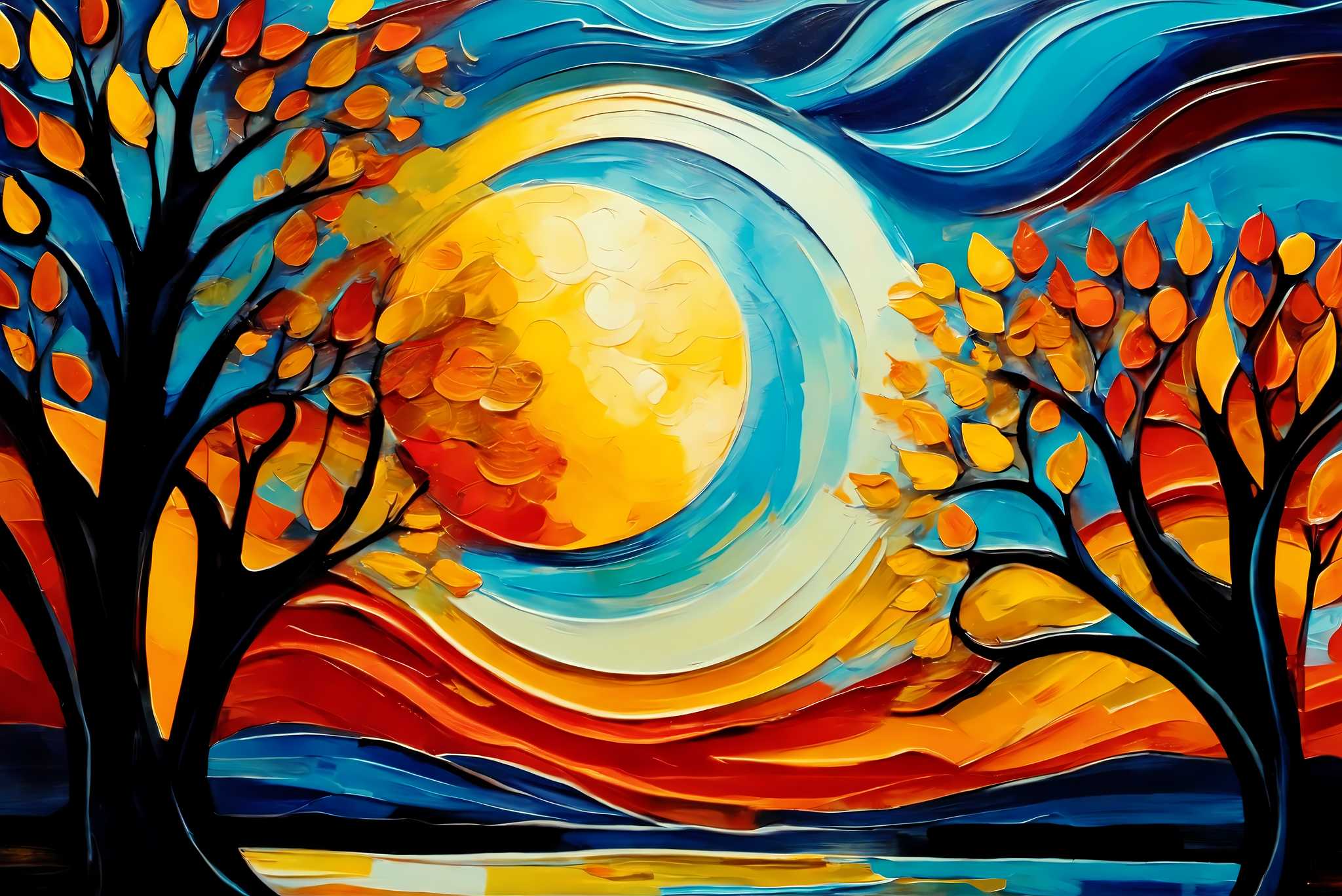 Sunrise duet in the hinterland dreamscape: Surreal landscape art with landscapes, in a room with chic decor, fine art prints, and luxe decor. The art can be printed on poster, framed poster, canvas, metal, acrylic or wood, exclusively at WallArtZen. Find this exact print at https://wallartzen.com/waz12