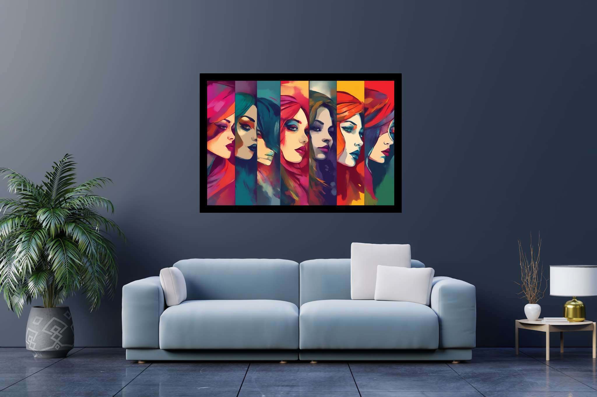 Splashes of her unfold: Colorful women art with colorful woman portraits, in a room with contemporary flair, wall hangings, and stylish accessories. The art can be printed on poster, framed poster, canvas, metal, acrylic or wood, exclusively at WallArtZen. Find this exact print at https://wallartzen.com/waz130