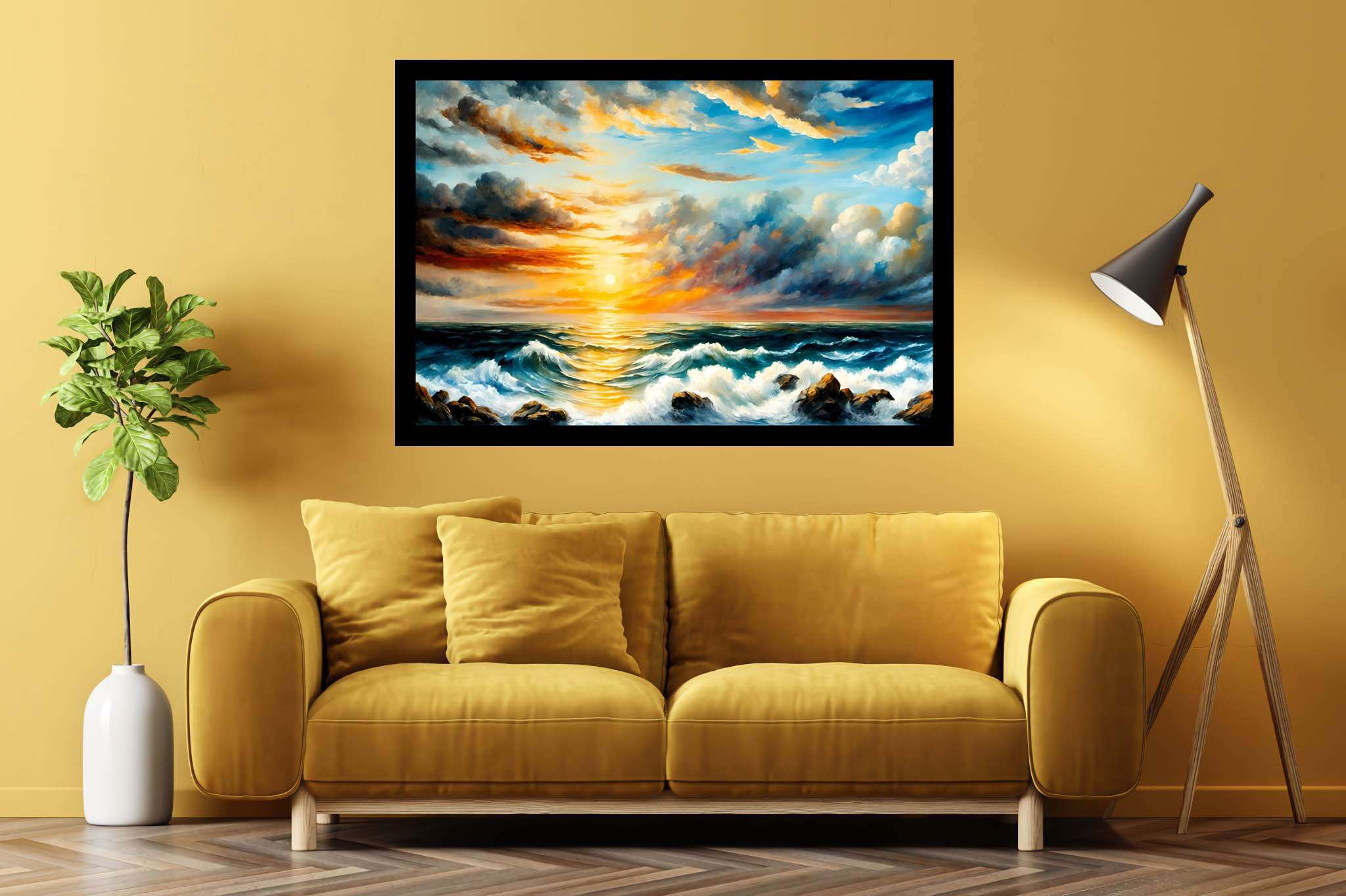 Golden serenity surge: Sunset art with nature, in a room with contemporary flair, canvas prints, and luxe decor. The art can be printed on poster, framed poster, canvas, metal, acrylic or wood, exclusively at WallArtZen. Find this exact print at https://wallartzen.com/waz131
