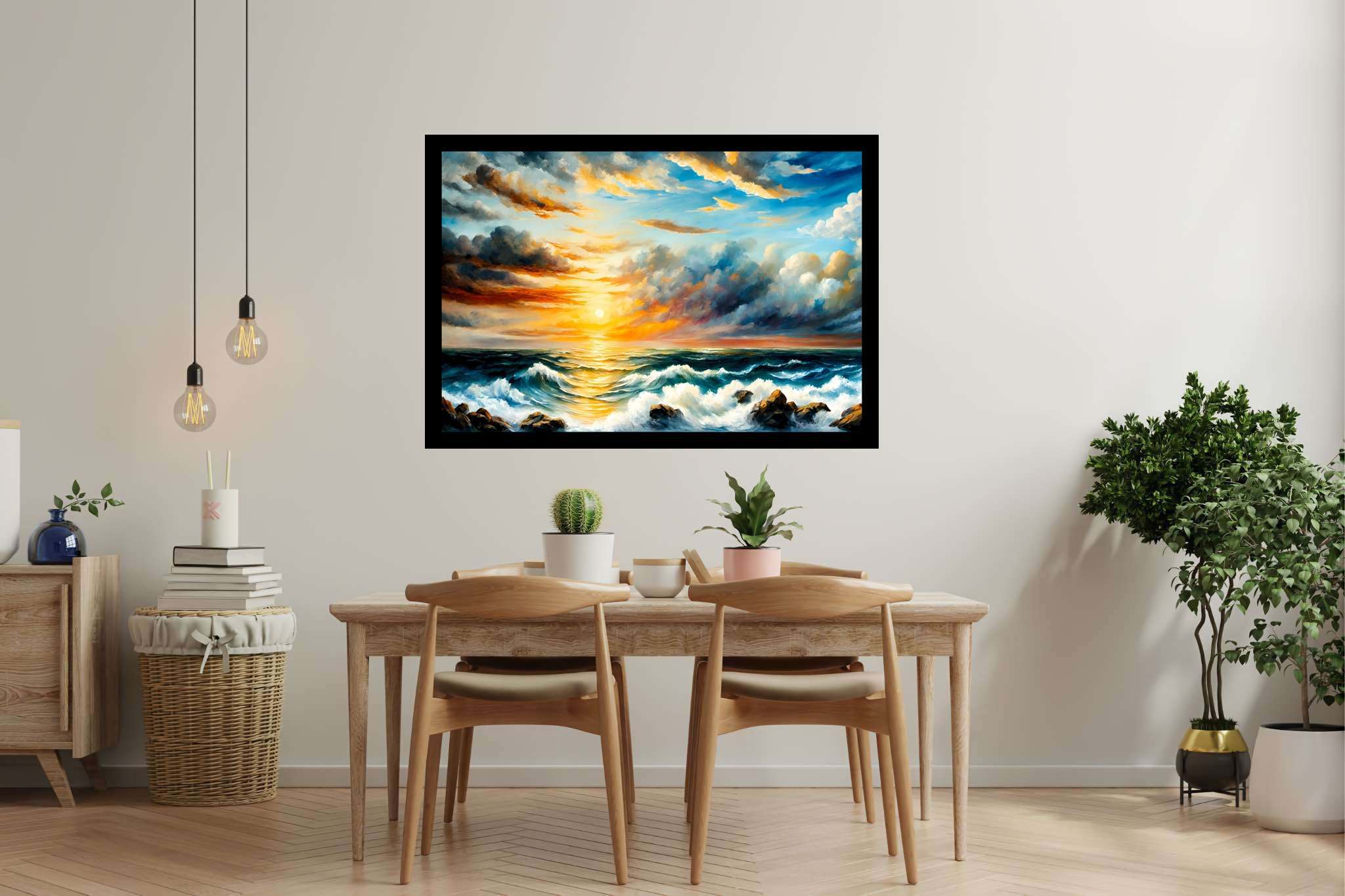 Golden serenity surge: Sunset art with reflection, in a room with classic elegance, mural artworks, and artisan decor. The art can be printed on poster, framed poster, canvas, metal, acrylic or wood, exclusively at WallArtZen. Find this exact print at https://wallartzen.com/waz131
