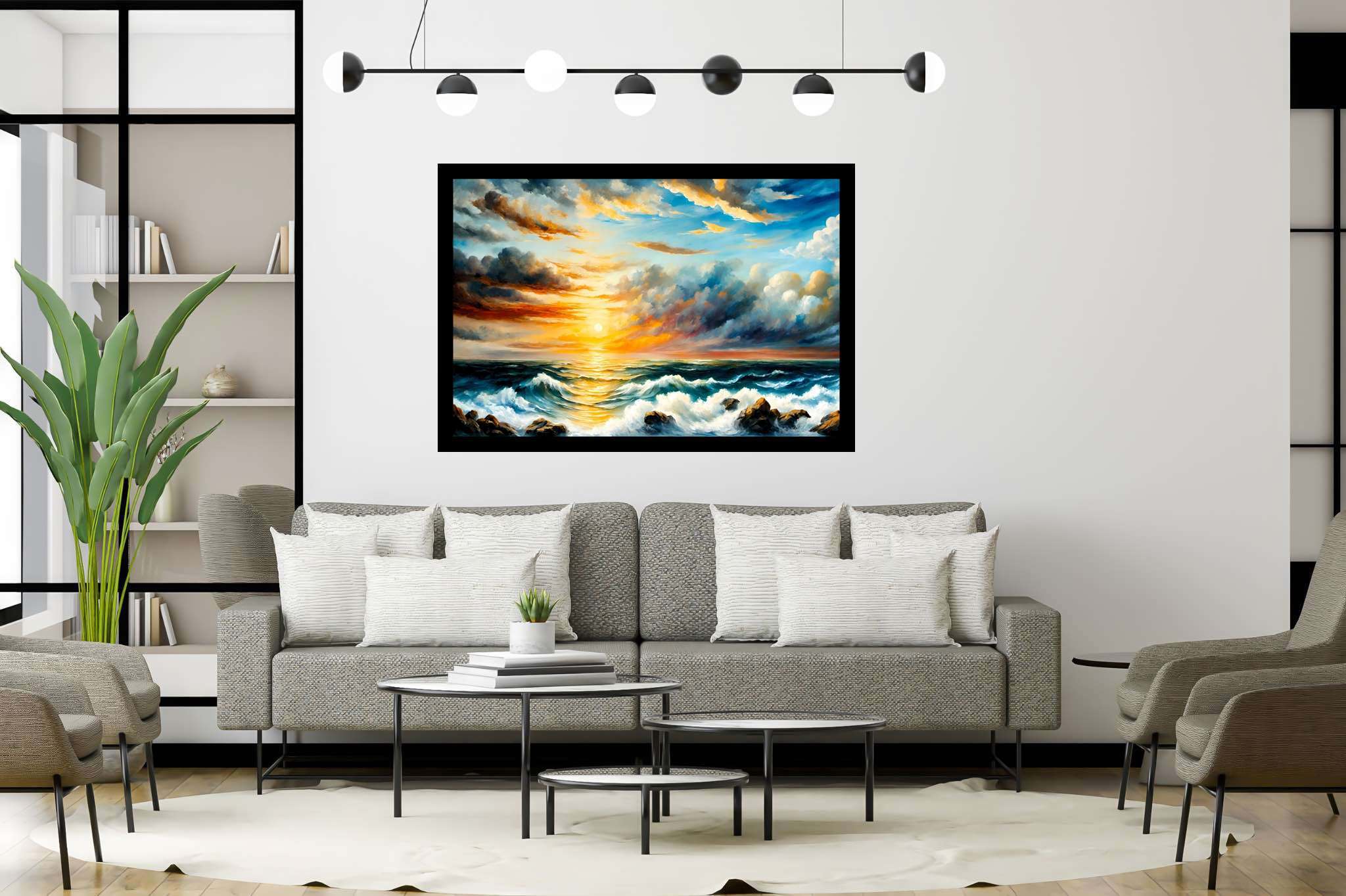 Golden serenity surge: Sunset art with beauty, in a room with urban design, mural artworks, and luxe decor. The art can be printed on poster, framed poster, canvas, metal, acrylic or wood, exclusively at WallArtZen. Find this exact print at https://wallartzen.com/waz131