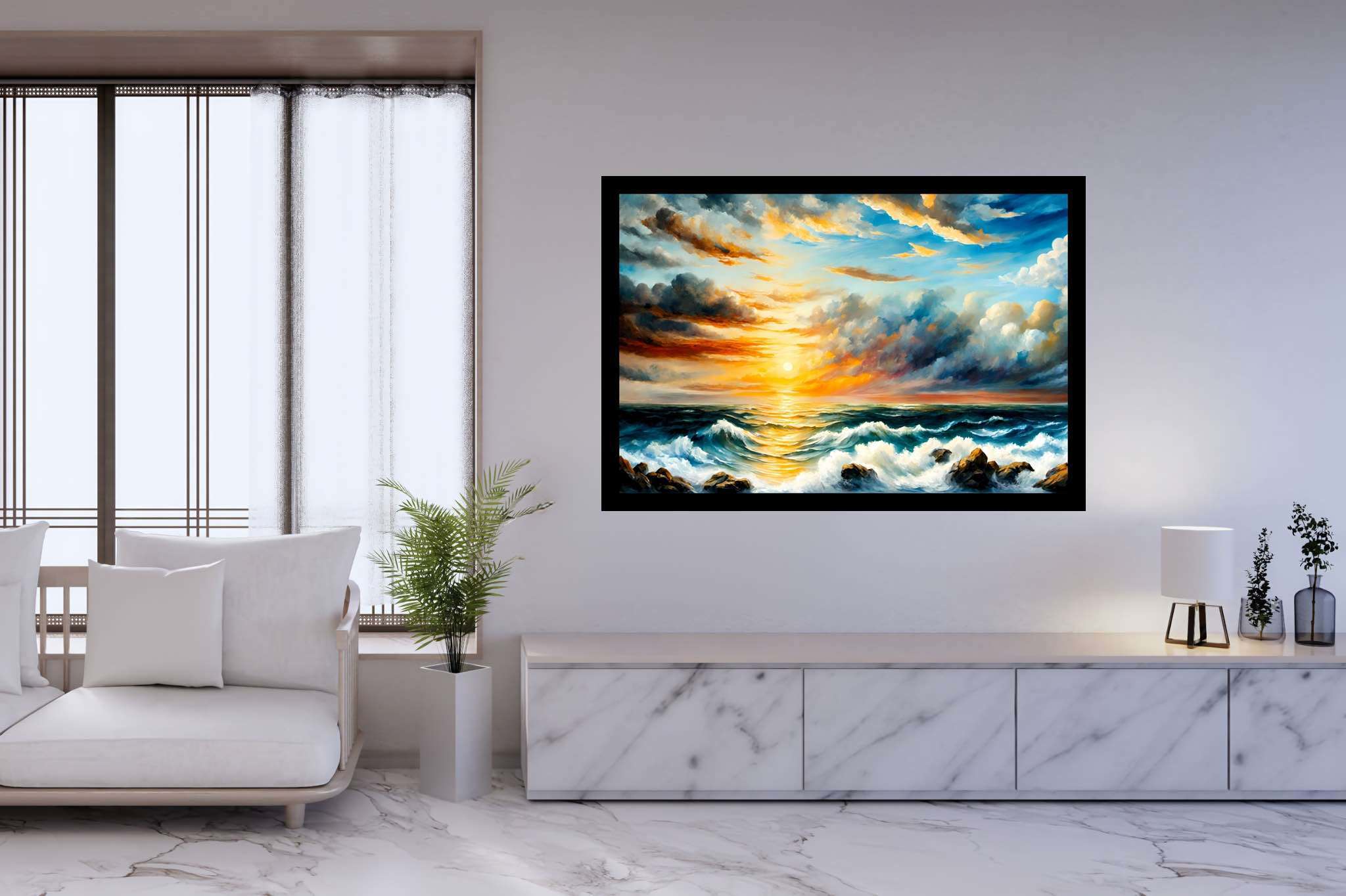 Golden serenity surge: Sunset art with landscape, in a room with great design, bespoke art designs, and artisan decor. The art can be printed on poster, framed poster, canvas, metal, acrylic or wood, exclusively at WallArtZen. Find this exact print at https://wallartzen.com/waz131