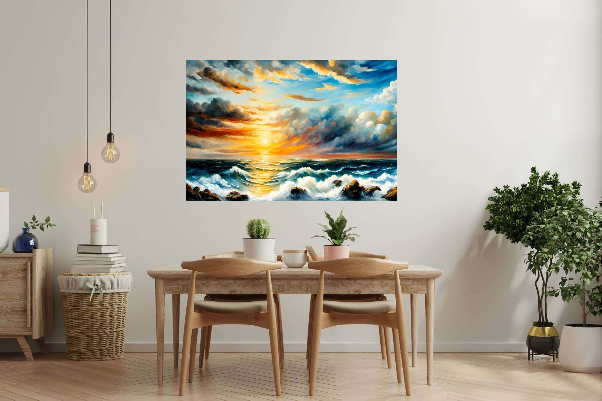 Golden serenity surge: Sunset art with evening, in a room with classic elegance, digital art pieces, and home furnishings. The art can be printed on poster, framed poster, canvas, metal, acrylic or wood, exclusively at WallArtZen. Find this exact print at https://wallartzen.com/waz131