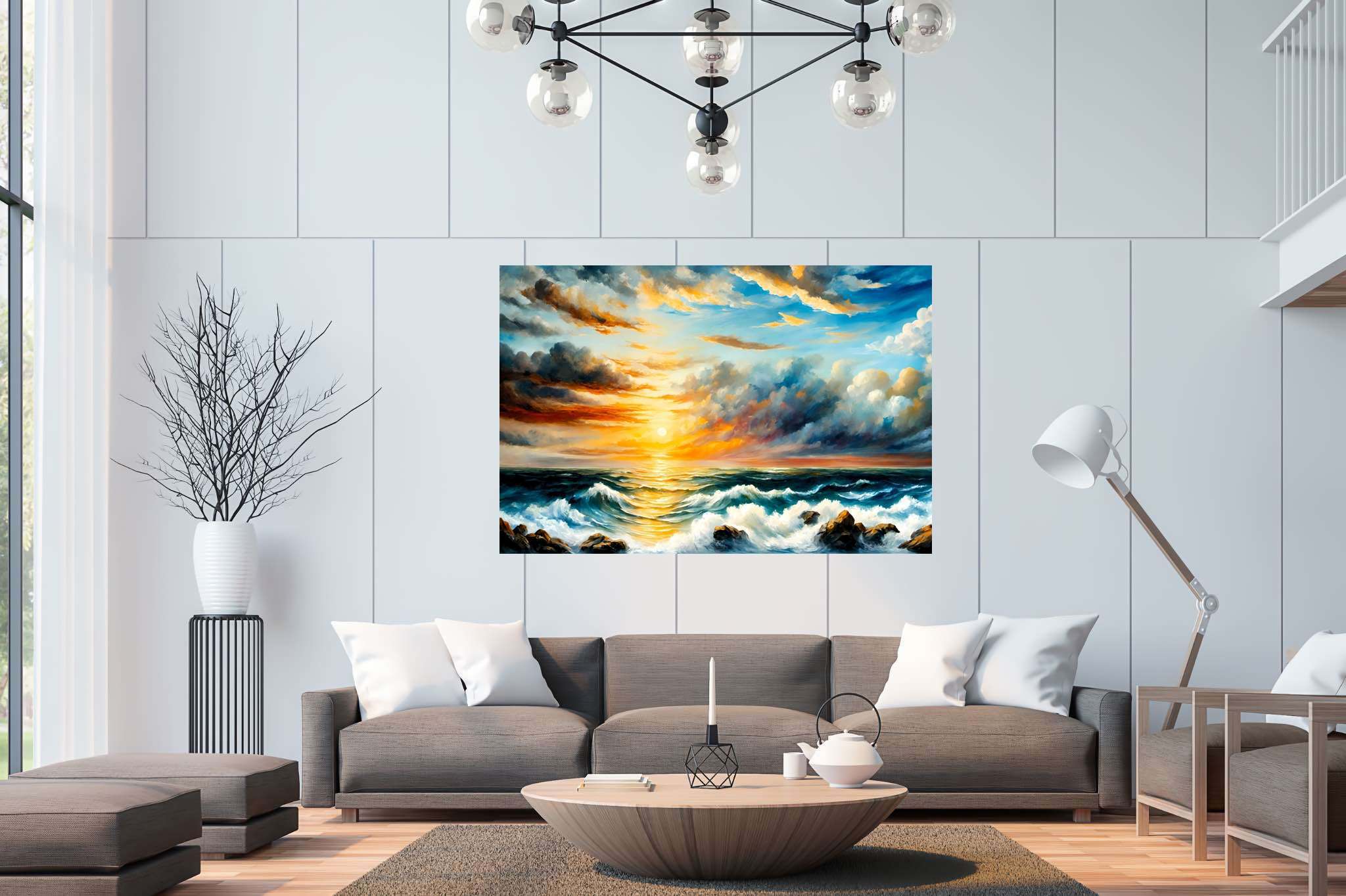 Golden serenity surge: Sunset art with serenity, in a room with innovative layout, digital art pieces, and home furnishings. The art can be printed on poster, framed poster, canvas, metal, acrylic or wood, exclusively at WallArtZen. Find this exact print at https://wallartzen.com/waz131