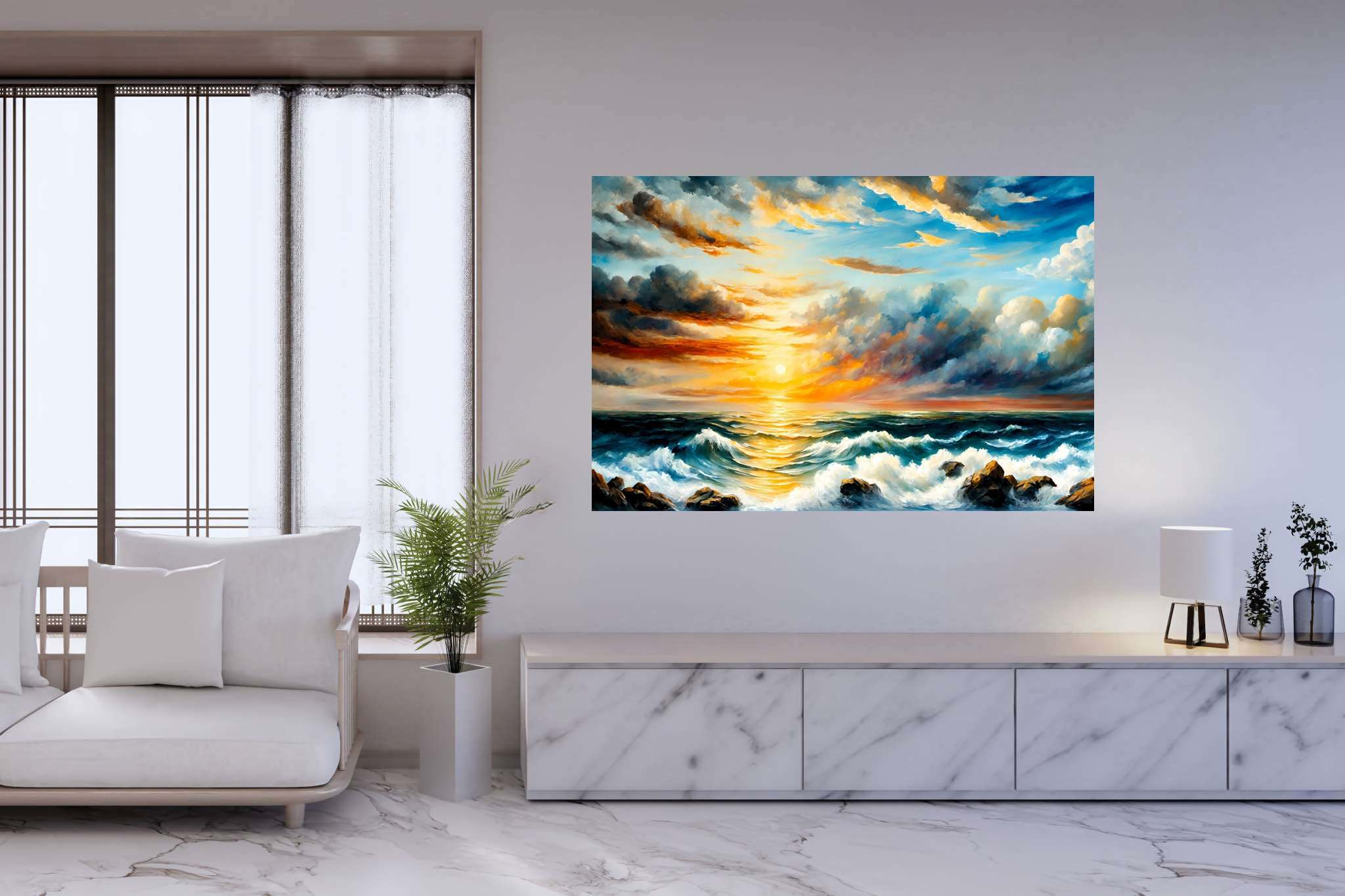 Golden serenity surge: Sunset art with evening, in a room with innovative layout, wall hangings, and stylish accessories. The art can be printed on poster, framed poster, canvas, metal, acrylic or wood, exclusively at WallArtZen. Find this exact print at https://wallartzen.com/waz131