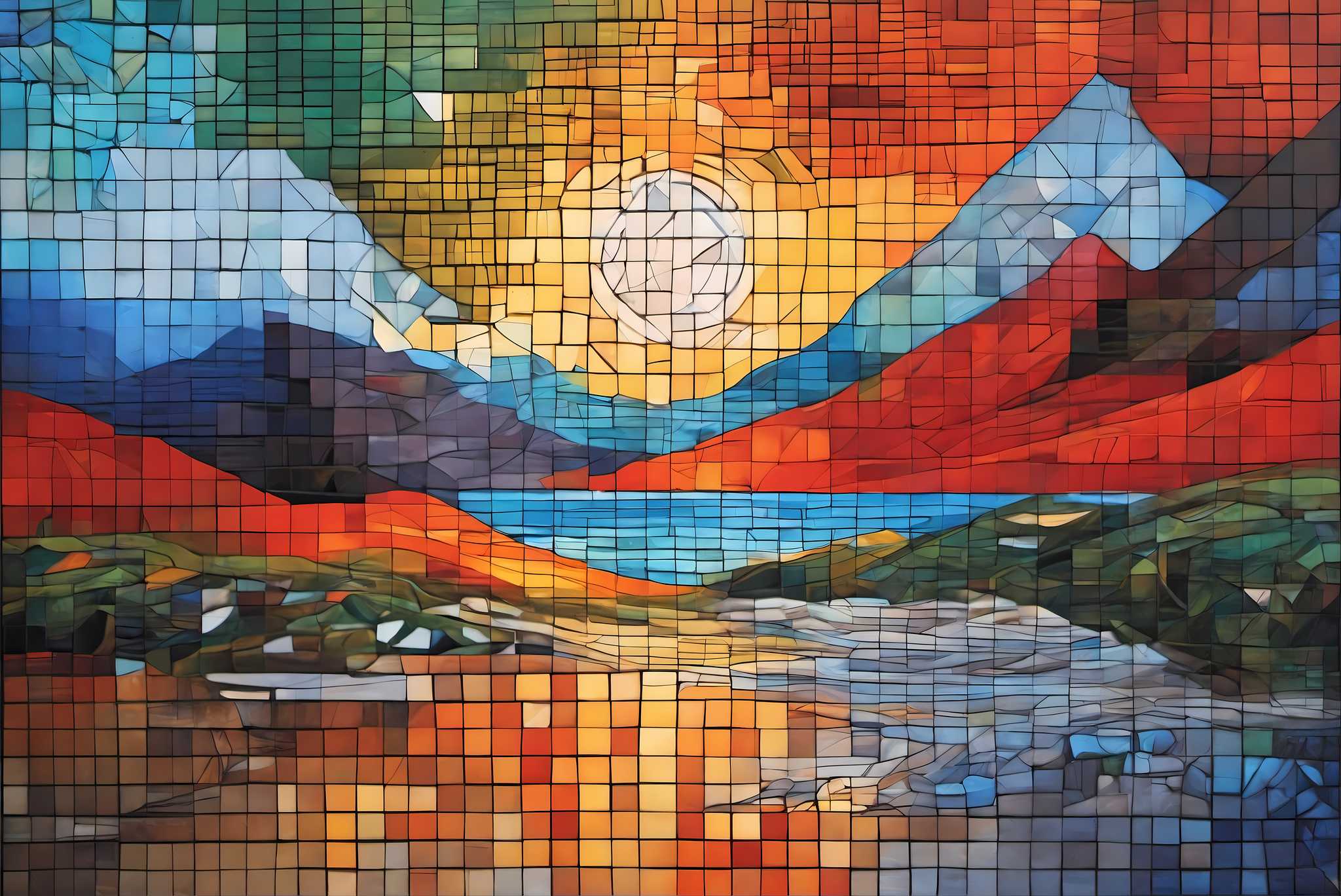 Mosaic veil of dawn: Mosaic landscape art with mosaic landscape art, in a room with innovative layout, wall art, and artisan decor. The art can be printed on poster, framed poster, canvas, metal, acrylic or wood, exclusively at WallArtZen. Find this exact print at https://wallartzen.com/waz132