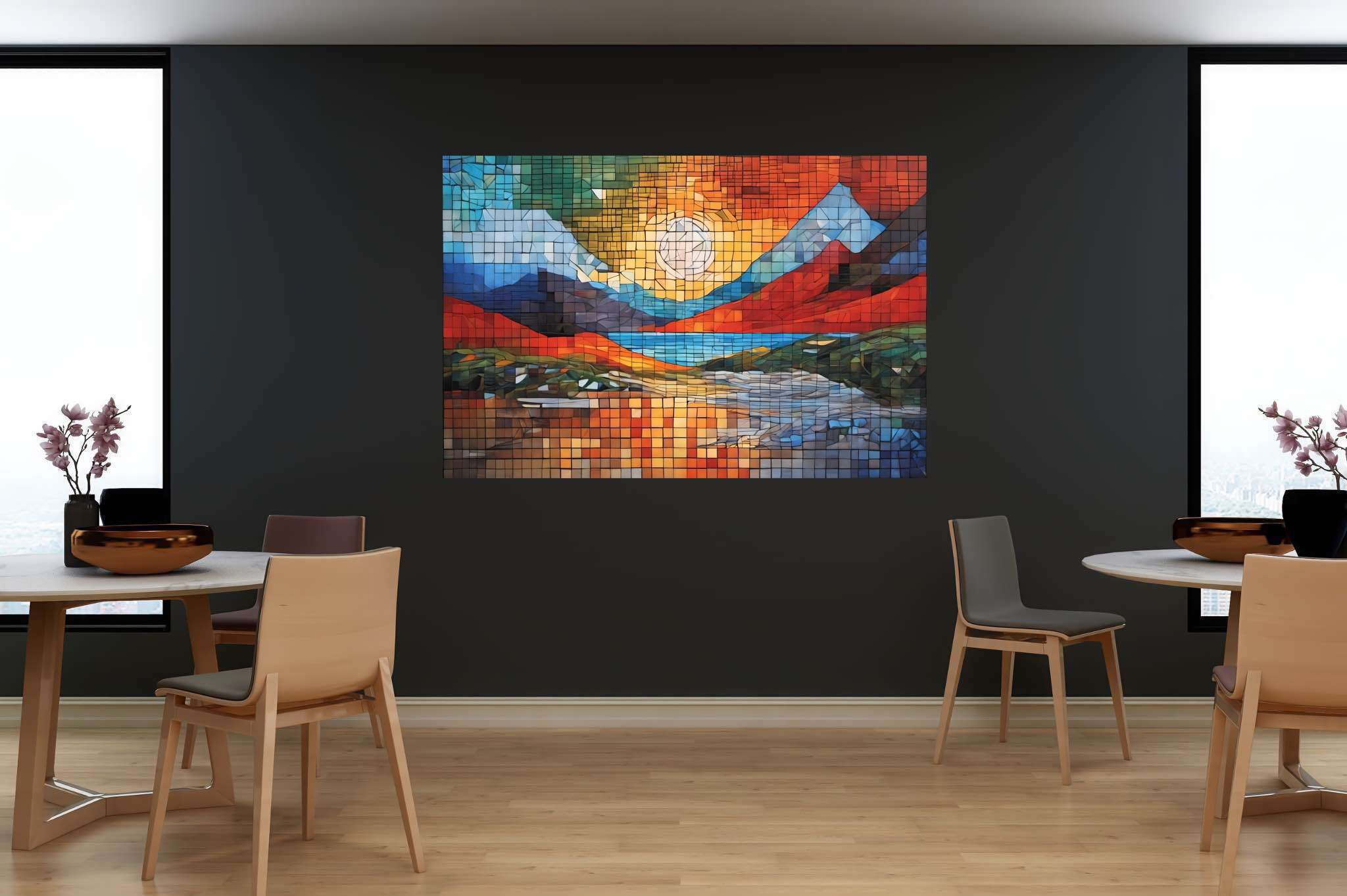 Mosaic veil of dawn: Mosaic landscape art with mosaic tile, in a room with artistic style, mural artworks, and artisan decor. The art can be printed on poster, framed poster, canvas, metal, acrylic or wood, exclusively at WallArtZen. Find this exact print at https://wallartzen.com/waz132