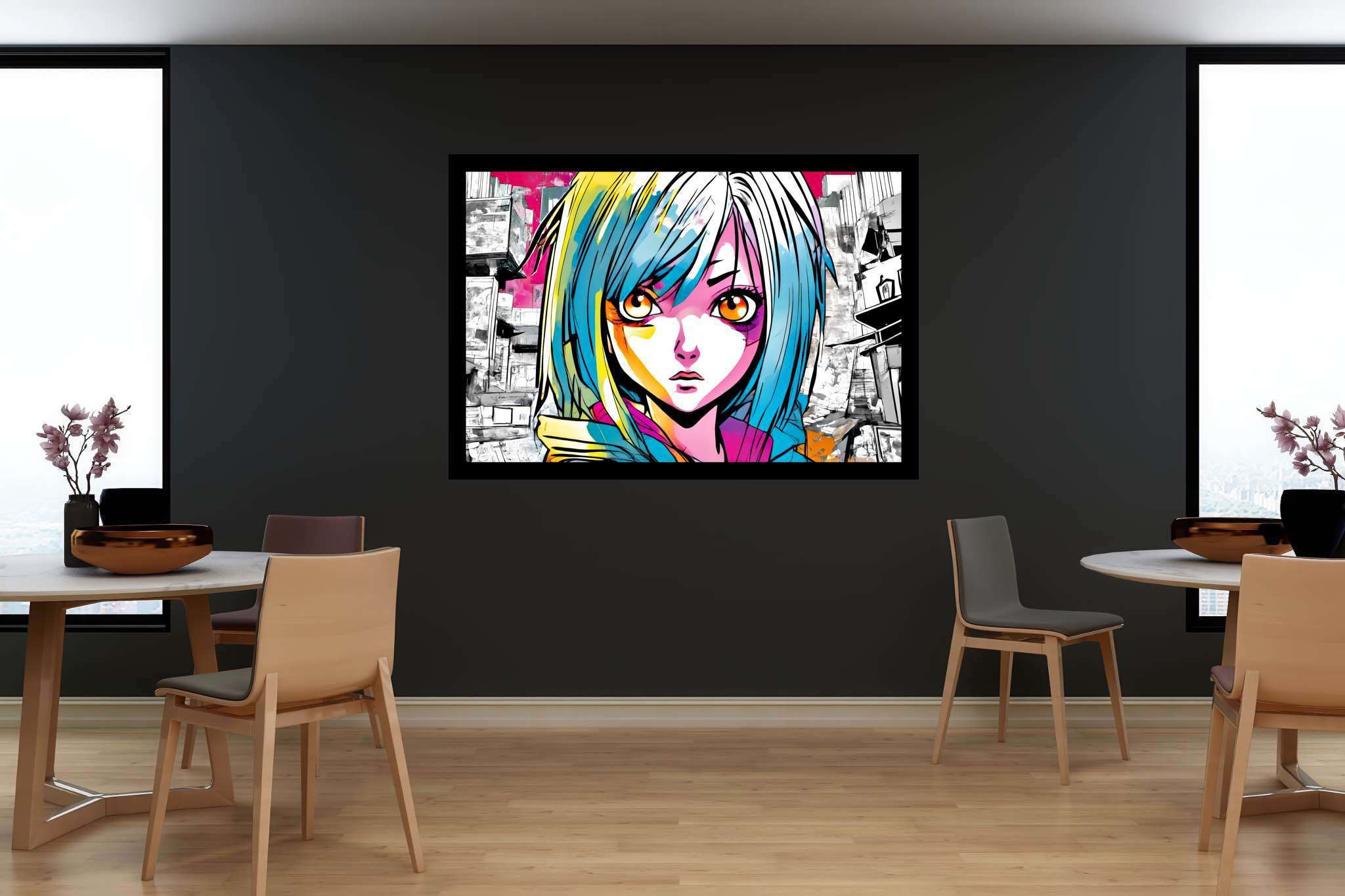 Azure gaze of youth: Anime art with anime style, in a room with innovative layout, canvas prints, and elegant home goods. The art can be printed on poster, framed poster, canvas, metal, acrylic or wood, exclusively at WallArtZen. Find this exact print at https://wallartzen.com/waz133