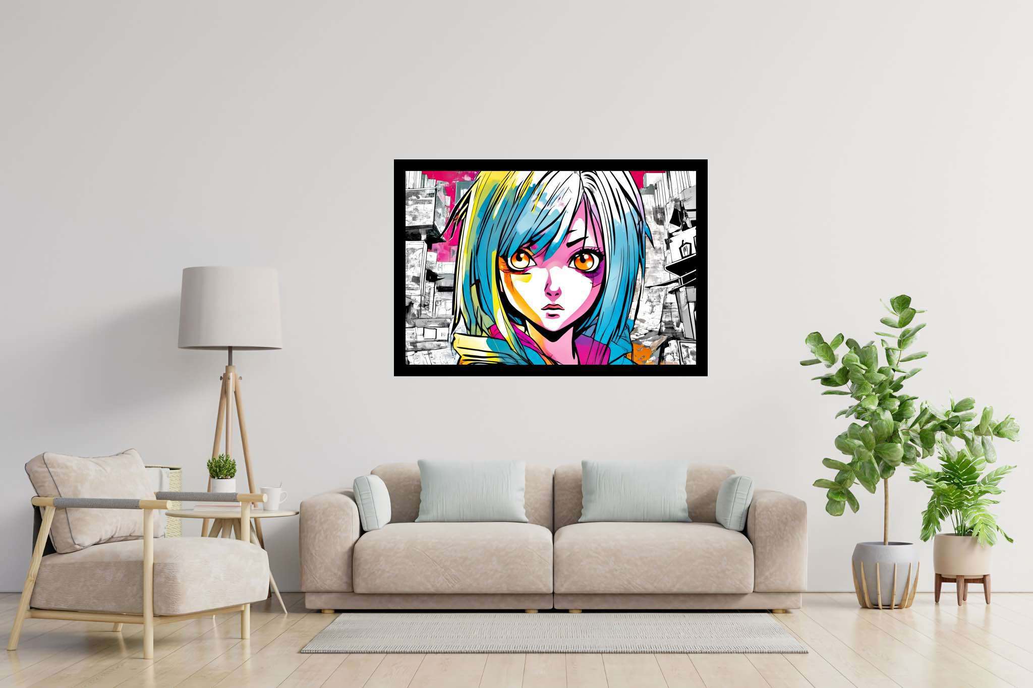Azure gaze of youth: Anime art with japanese animation, in a room with chic decor, wall art, and decorative pieces. The art can be printed on poster, framed poster, canvas, metal, acrylic or wood, exclusively at WallArtZen. Find this exact print at https://wallartzen.com/waz133