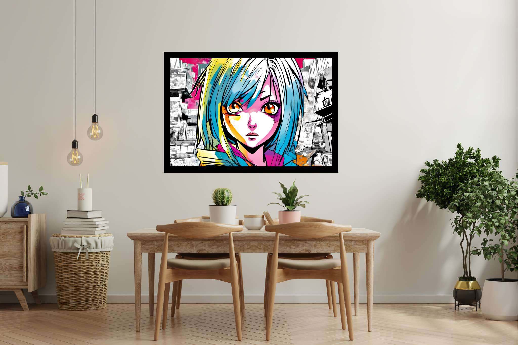 Azure gaze of youth: Anime art with japanese animation, in a room with elegant layout, bespoke art designs, and stylish accessories. The art can be printed on poster, framed poster, canvas, metal, acrylic or wood, exclusively at WallArtZen. Find this exact print at https://wallartzen.com/waz133