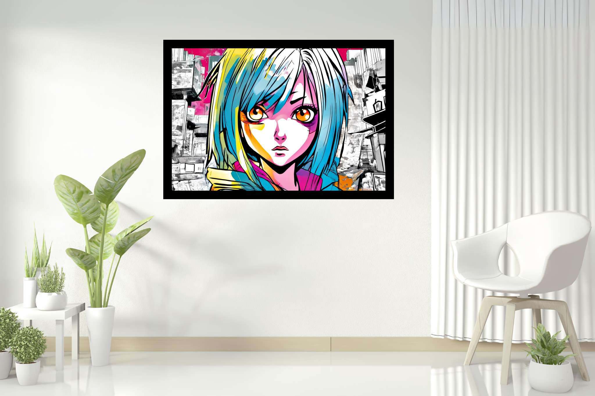 Azure gaze of youth: Anime art with anime-inspired artwork, in a room with artistic style, bespoke art designs, and artisan decor. The art can be printed on poster, framed poster, canvas, metal, acrylic or wood, exclusively at WallArtZen. Find this exact print at https://wallartzen.com/waz133