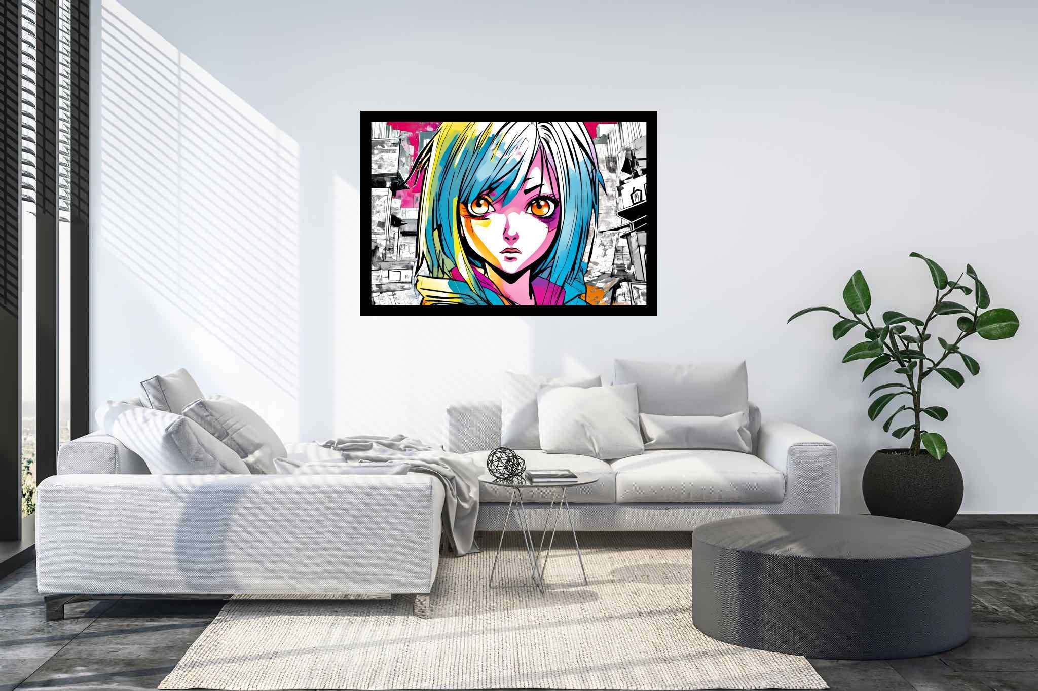 Azure gaze of youth: Anime art with anime-inspired artwork, in a room with minimalist approach, digital art pieces, and luxe decor. The art can be printed on poster, framed poster, canvas, metal, acrylic or wood, exclusively at WallArtZen. Find this exact print at https://wallartzen.com/waz133